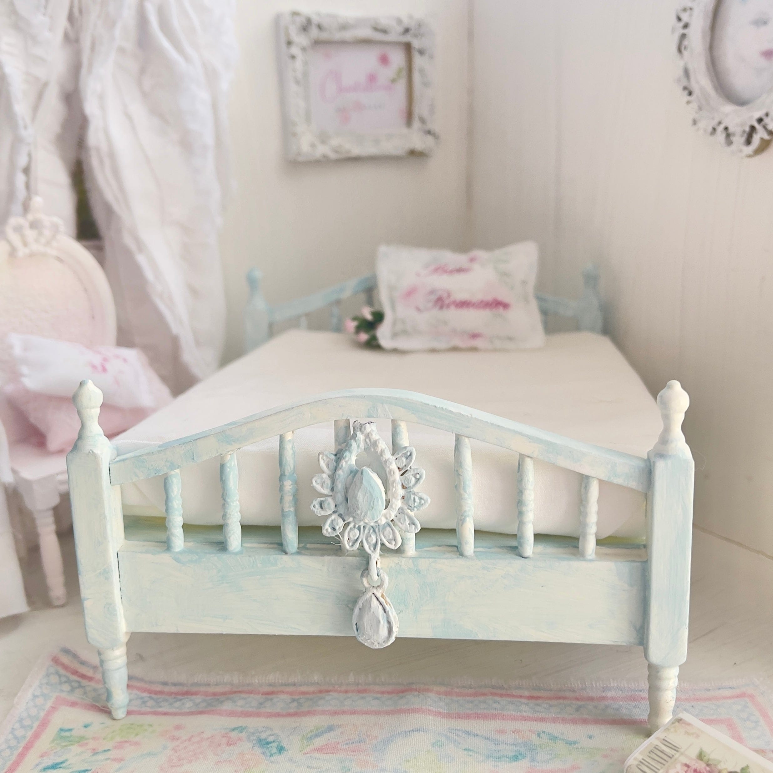 Chantallena Furniture 1:12 Scale Distressed Painted Shabby Blue Wooden Double Spindle Dollhouse Bed | Unwritten Romance |Chantallena