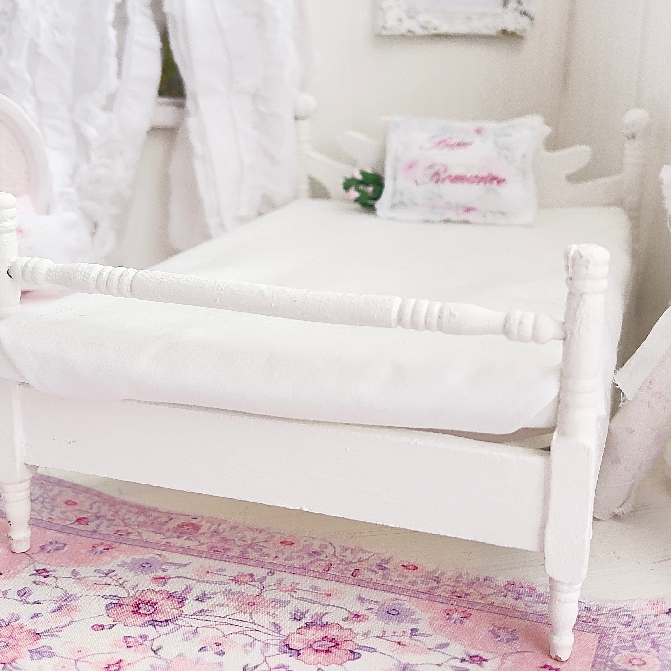 Chantallena Furniture 1:12 Scale Distressed Painted Shabby White Wooden Double Low Profile Dollhouse Bed| Unwritten Romance |Chantallena