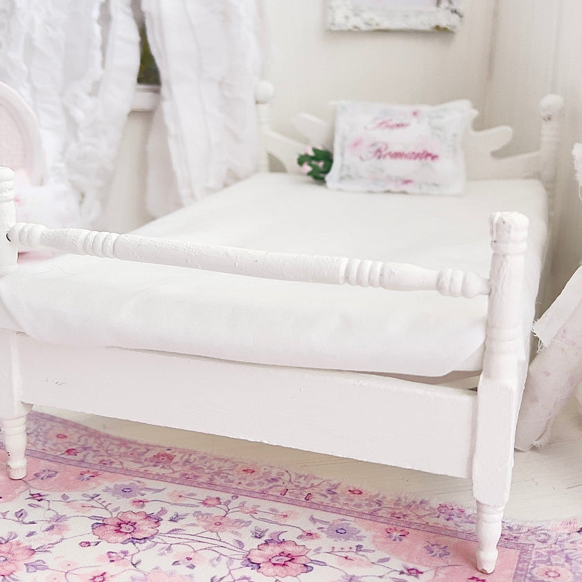 Chantallena Furniture 1:12 Scale Distressed Painted Shabby White Wooden Double Low Profile Dollhouse Bed| Unwritten Romance |Chantallena