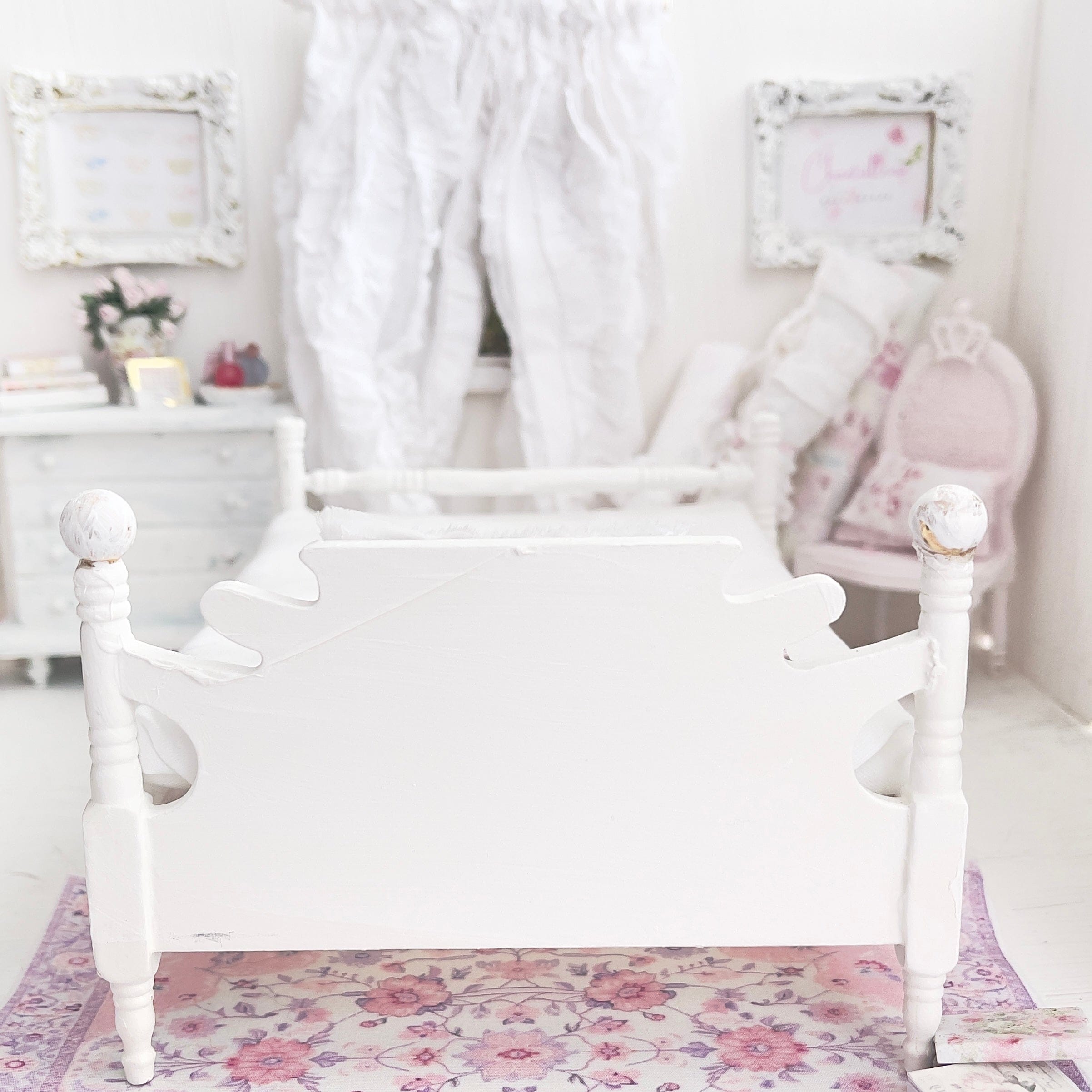 Chantallena Furniture 1:12 Scale Distressed Painted Shabby White Wooden Double Low Profile Dollhouse Bed| Unwritten Romance |Chantallena