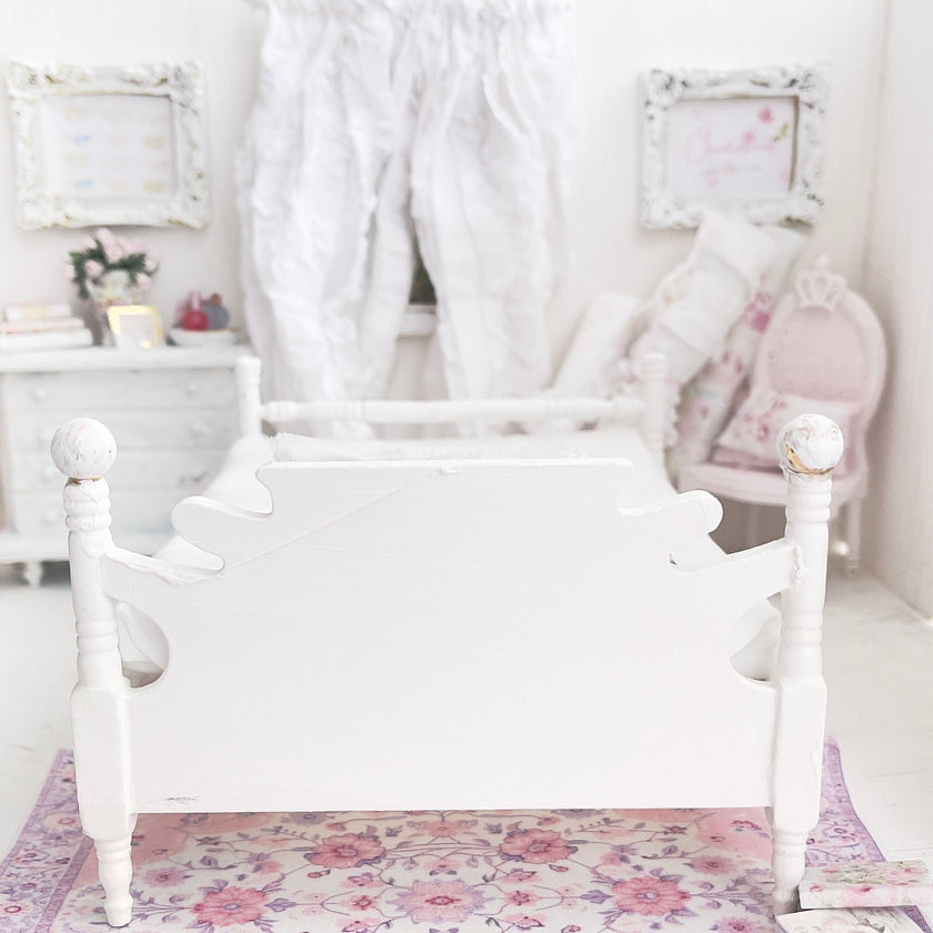 Chantallena Furniture 1:12 Scale Distressed Painted Shabby White Wooden Double Low Profile Dollhouse Bed| Unwritten Romance |Chantallena