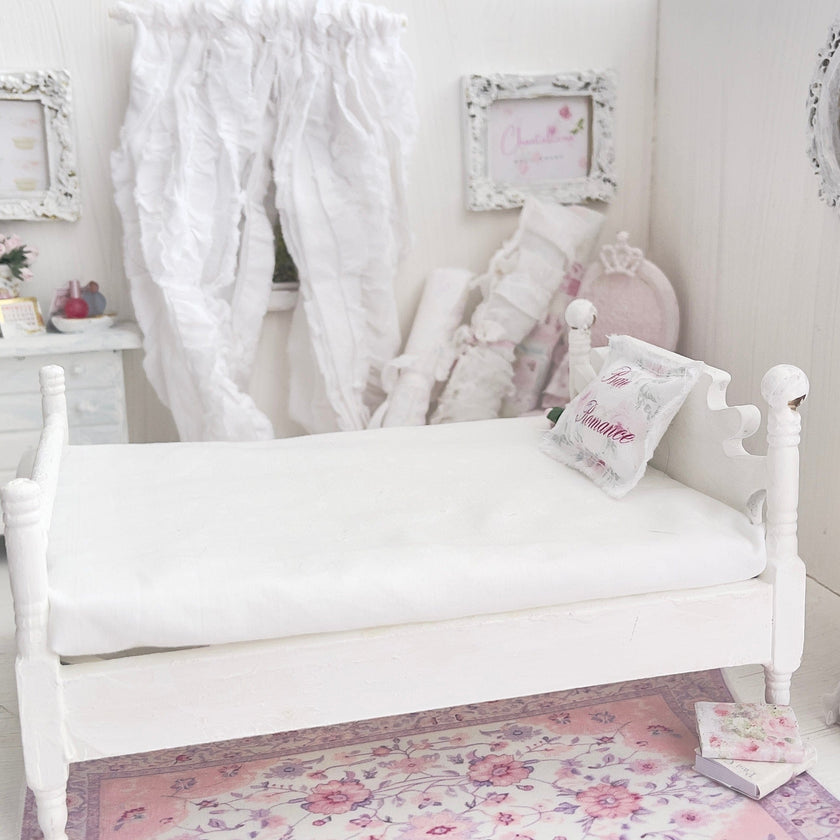 Chantallena Furniture 1:12 Scale Distressed Painted Shabby White Wooden Double Low Profile Dollhouse Bed| Unwritten Romance |Chantallena