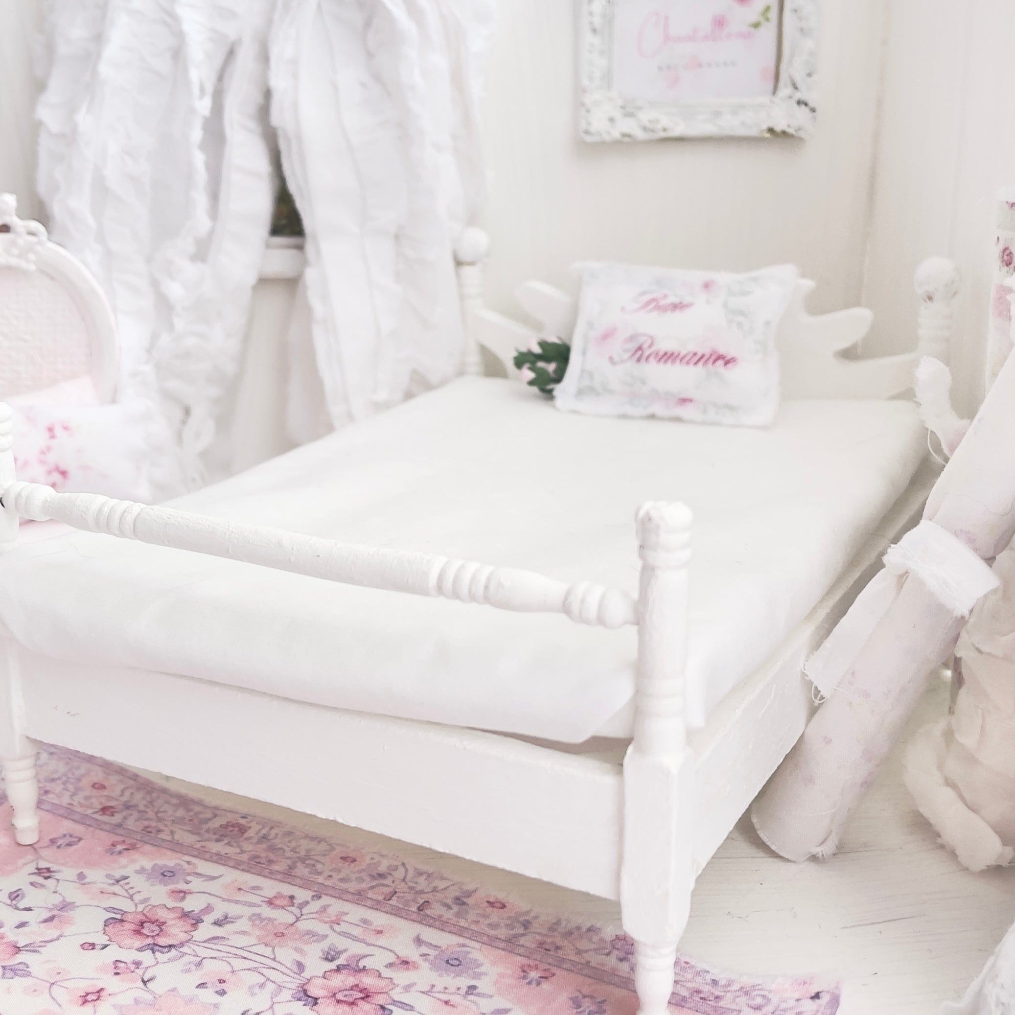 Chantallena Furniture 1:12 Scale Distressed Painted Shabby White Wooden Double Low Profile Dollhouse Bed| Unwritten Romance |Chantallena