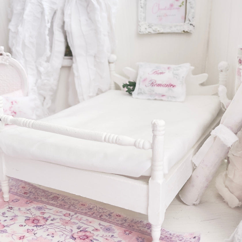 Chantallena Furniture 1:12 Scale Distressed Painted Shabby White Wooden Double Low Profile Dollhouse Bed| Unwritten Romance |Chantallena