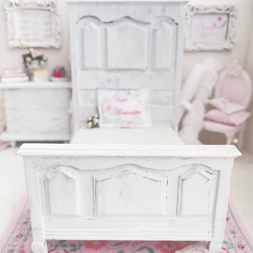Chantallena Furniture 1:12 Scale Distressed Painted Shabby White Wooden Double Tall Back Dollhouse Bed| Unwritten Romance |Chantallena