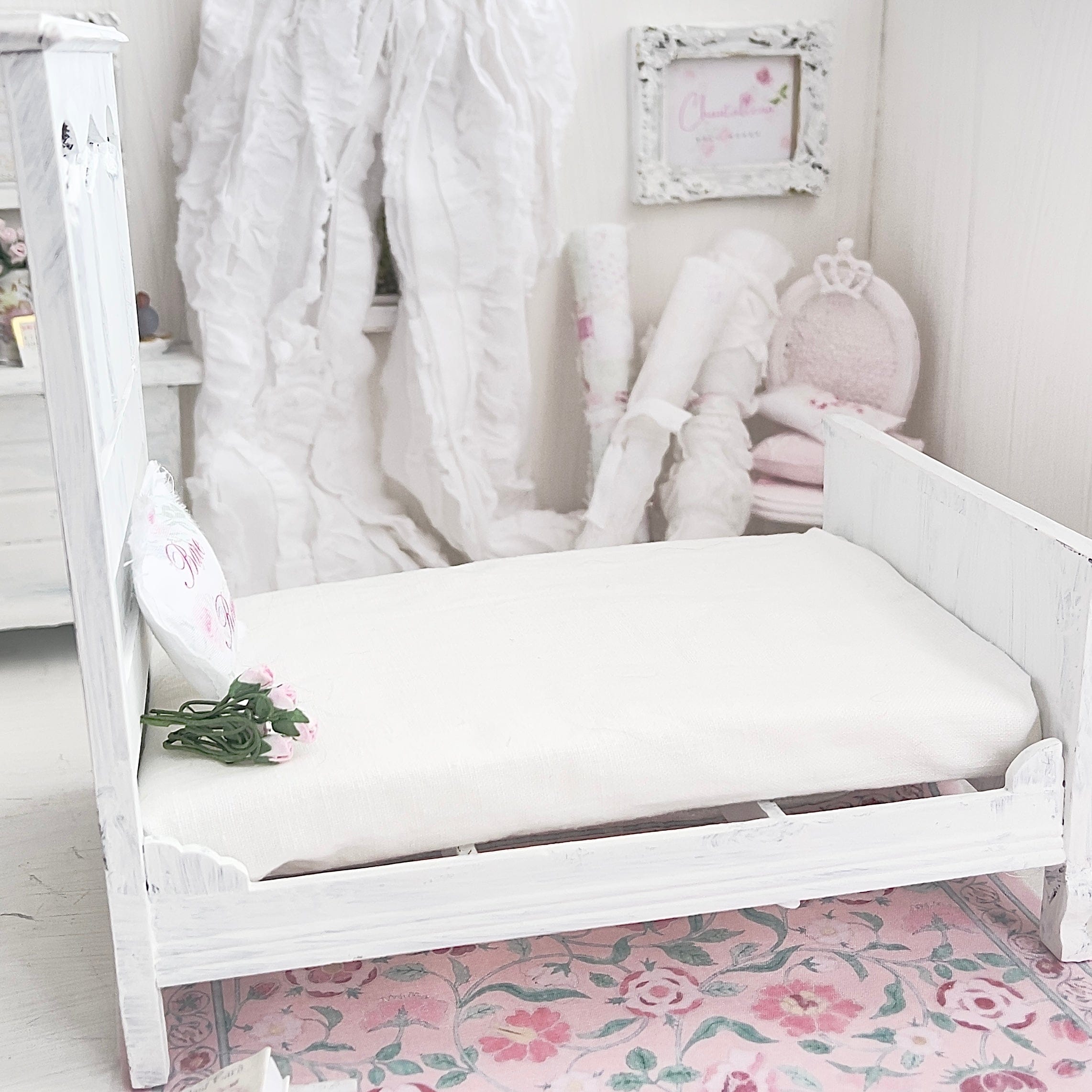 Chantallena Furniture 1:12 Scale Distressed Painted Shabby White Wooden Double Tall Back Dollhouse Bed| Unwritten Romance |Chantallena