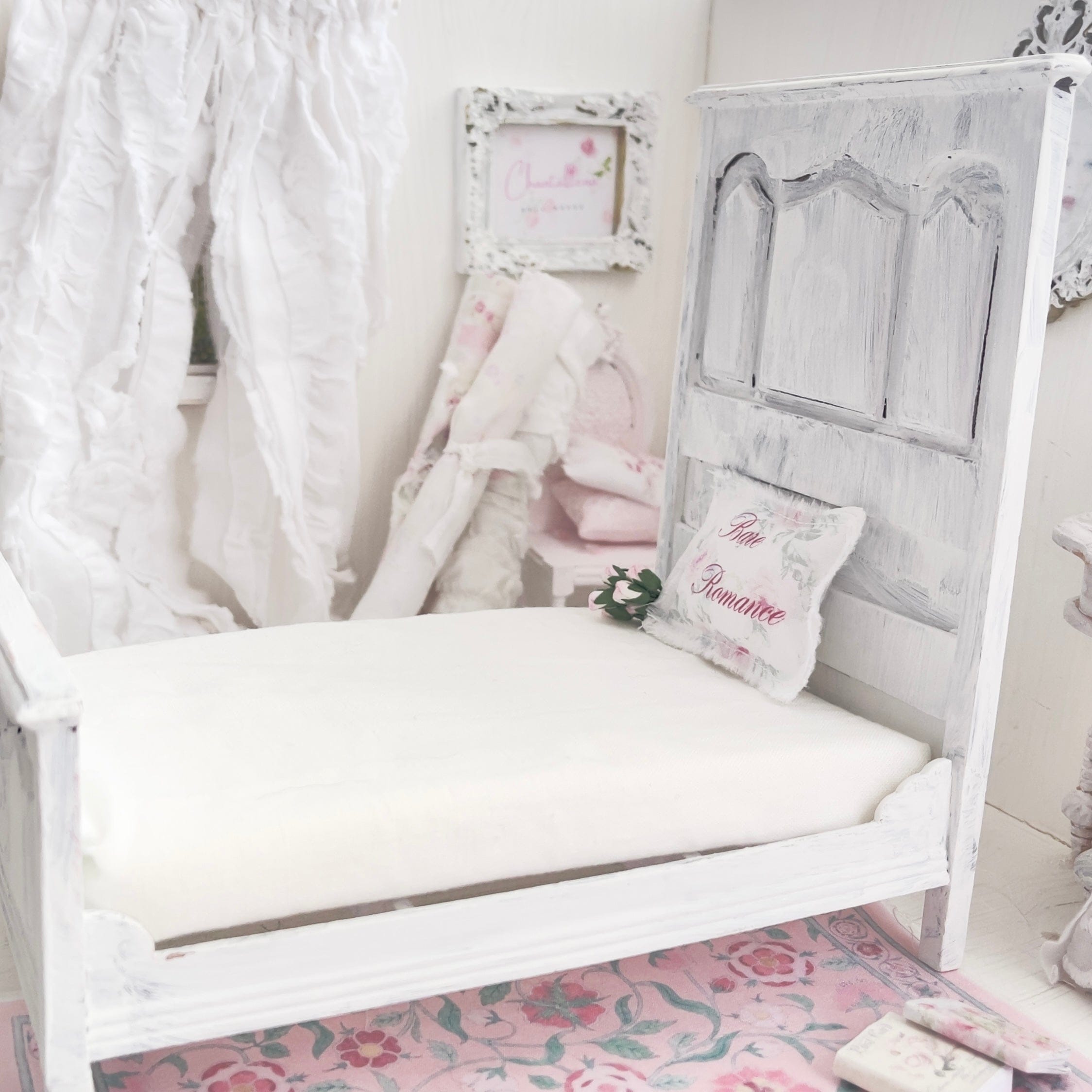 Chantallena Furniture 1:12 Scale Distressed Painted Shabby White Wooden Double Tall Back Dollhouse Bed| Unwritten Romance |Chantallena