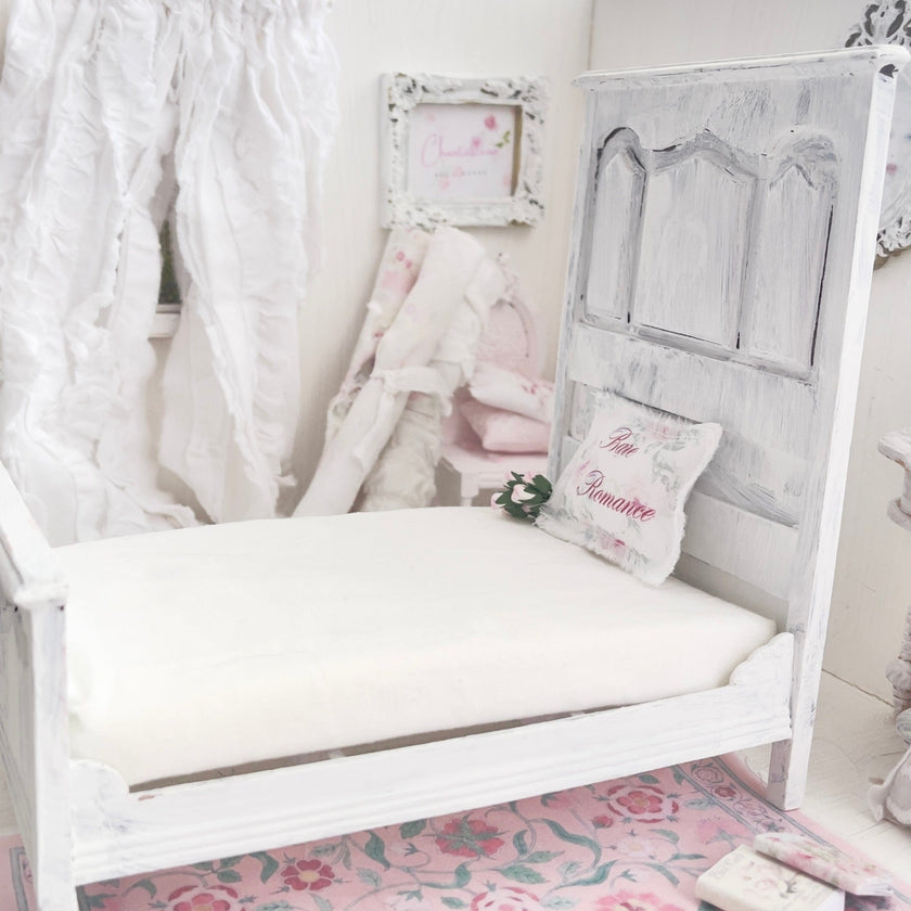 Chantallena Furniture 1:12 Scale Distressed Painted Shabby White Wooden Double Tall Back Dollhouse Bed| Unwritten Romance |Chantallena