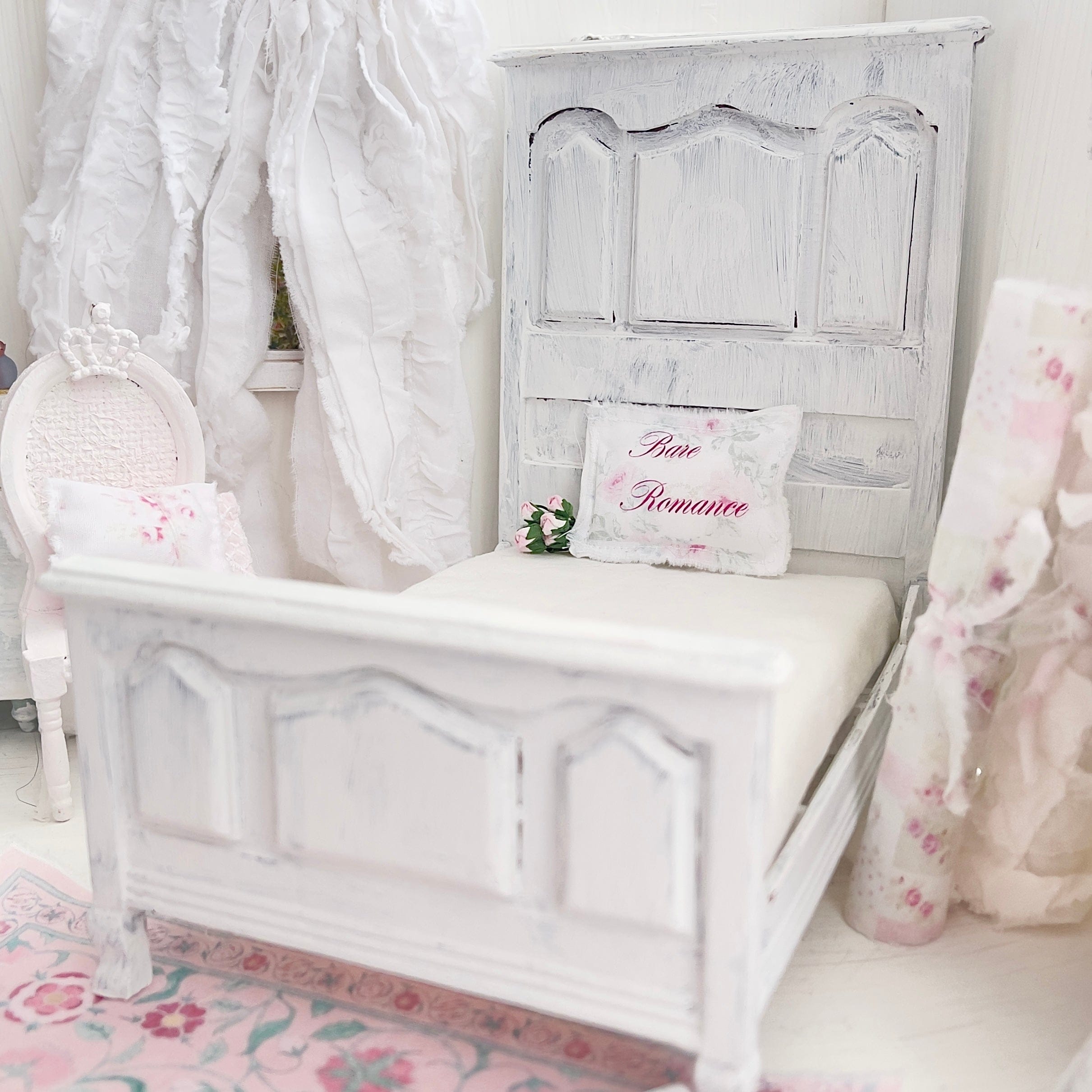 Chantallena Furniture 1:12 Scale Distressed Painted Shabby White Wooden Double Tall Back Dollhouse Bed| Unwritten Romance |Chantallena