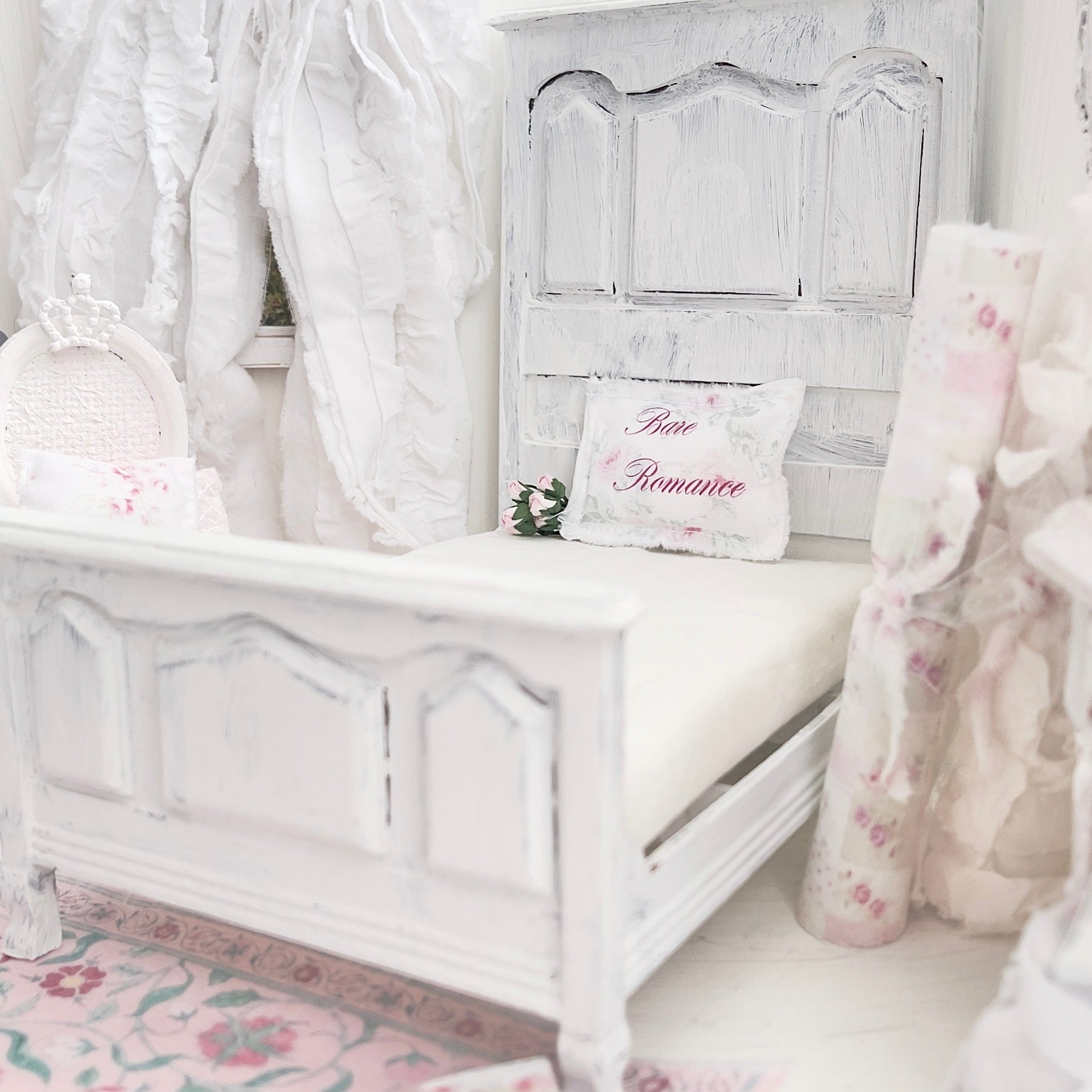 Chantallena Furniture 1:12 Scale Distressed Painted Shabby White Wooden Double Tall Back Dollhouse Bed| Unwritten Romance |Chantallena