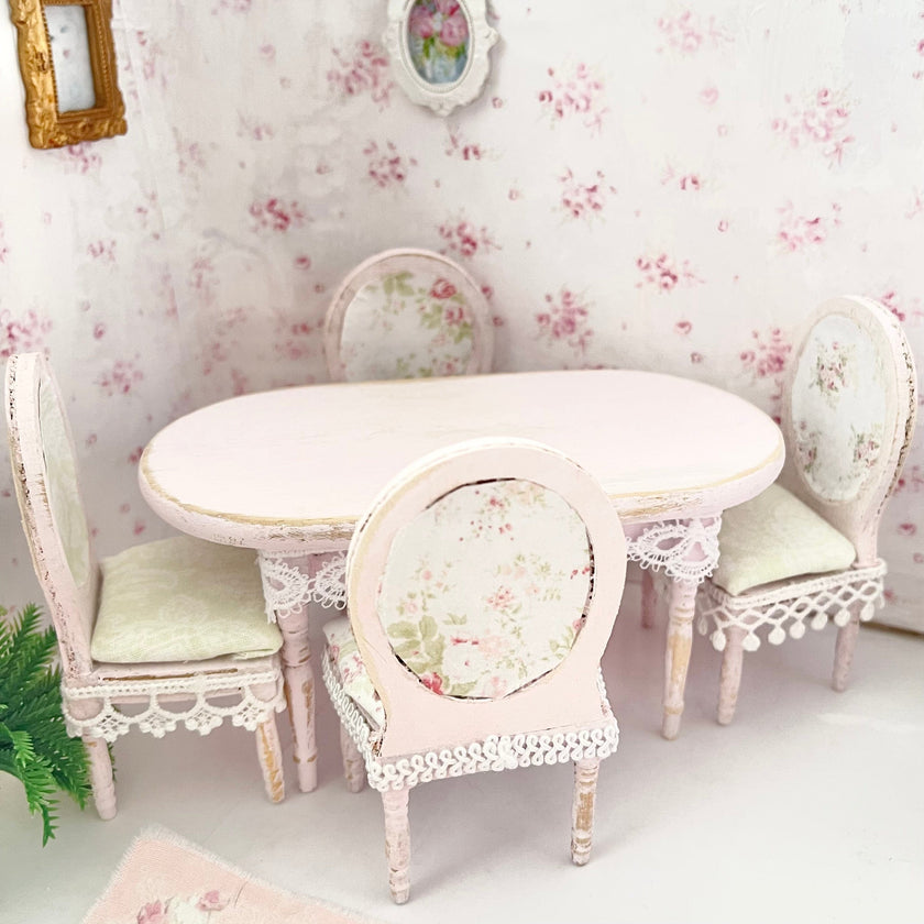 Chantallena Furniture 1:12 Scale Dollhouse Shabby Dining Table with Four Chairs- Seventh Petal Painted Furniture | Chantallena