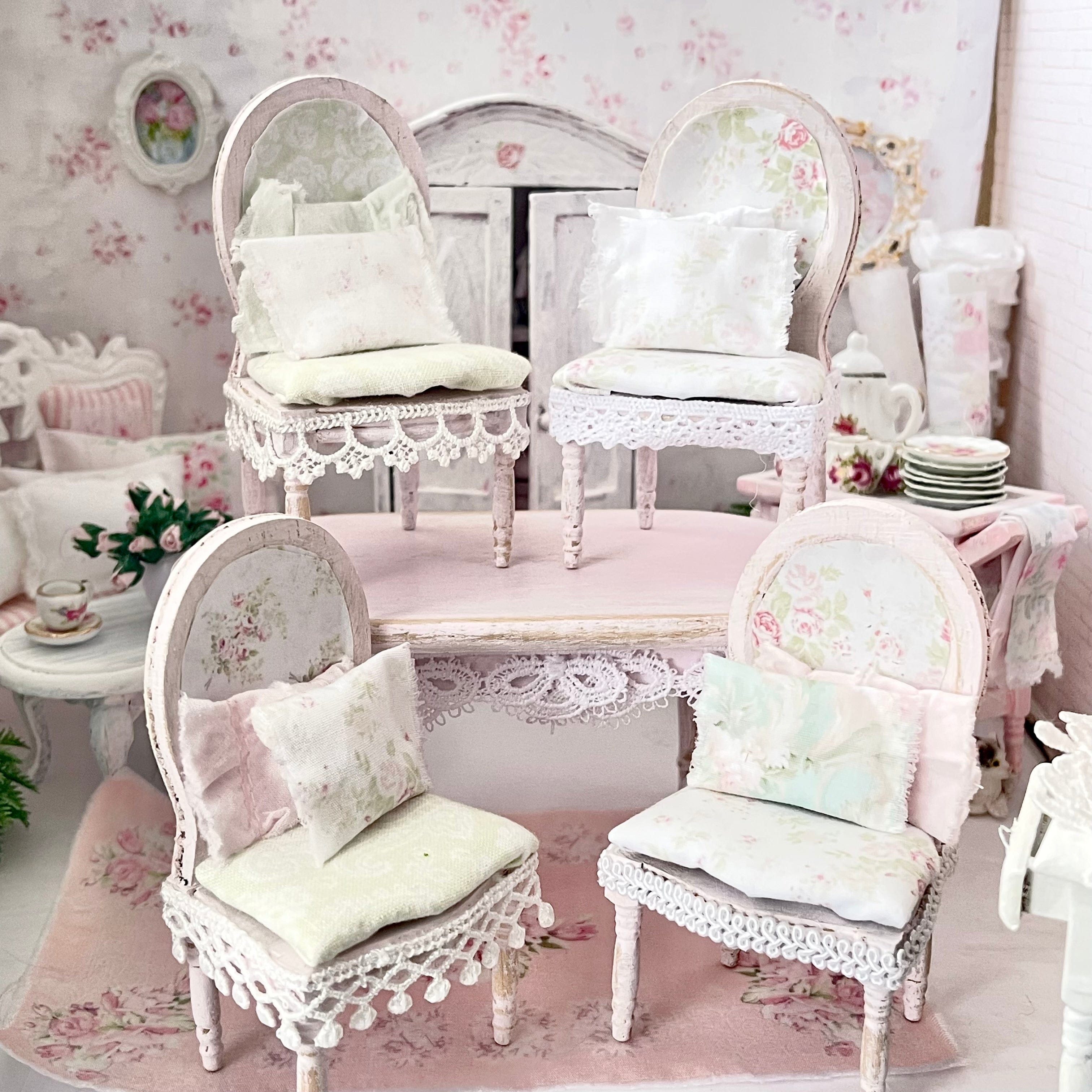 Chantallena Furniture 1:12 Scale Dollhouse Shabby Dining Table with Four Chairs- Seventh Petal Painted Furniture | Chantallena