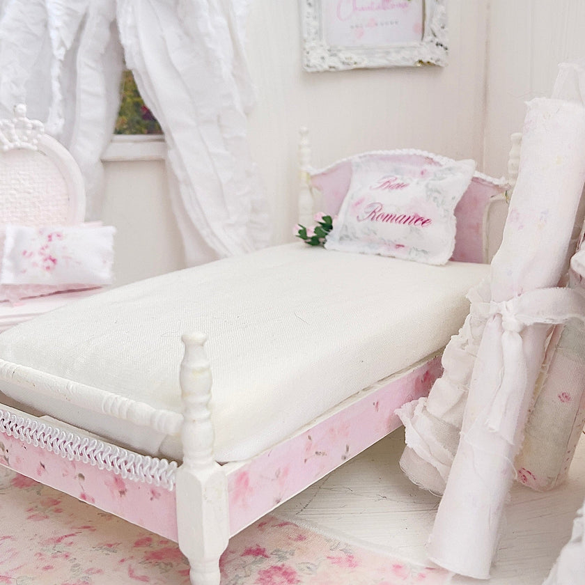 Chantallena Furniture 1:12 Scale Painted White with Pink Roses Decoupaged Single Dollhouse Bed | Unwritten Bare Romance |Chantallena