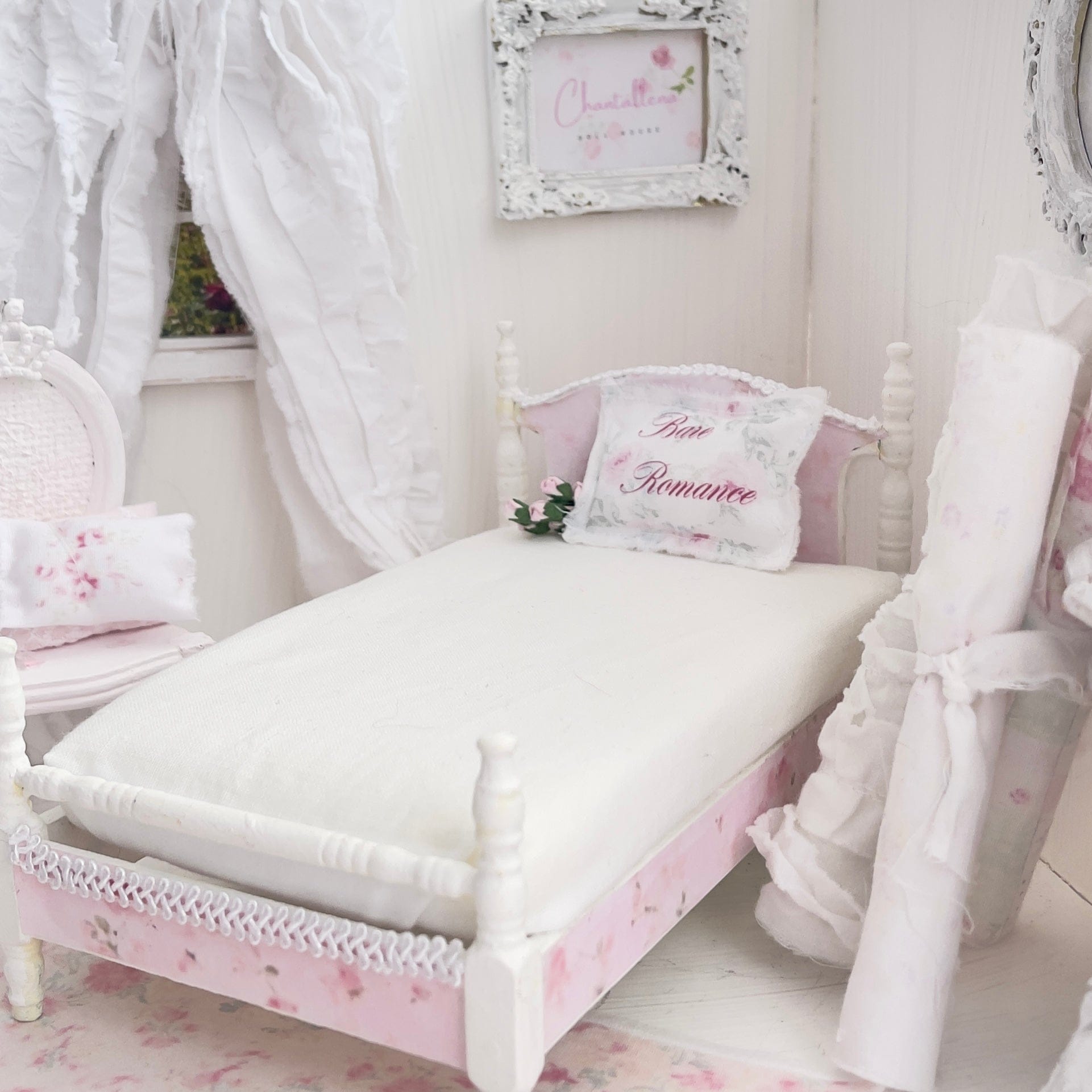 Chantallena Furniture 1:12 Scale Painted White with Pink Roses Decoupaged Single Dollhouse Bed | Unwritten Bare Romance |Chantallena