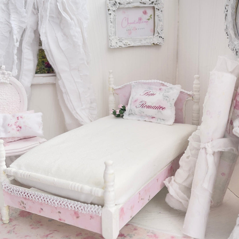 Chantallena Furniture 1:12 Scale Painted White with Pink Roses Decoupaged Single Dollhouse Bed | Unwritten Bare Romance |Chantallena