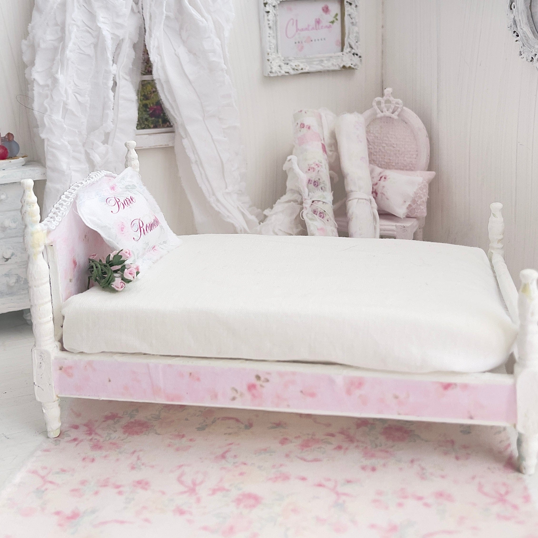 Chantallena Furniture 1:12 Scale Painted White with Pink Roses Decoupaged Single Dollhouse Bed | Unwritten Bare Romance |Chantallena