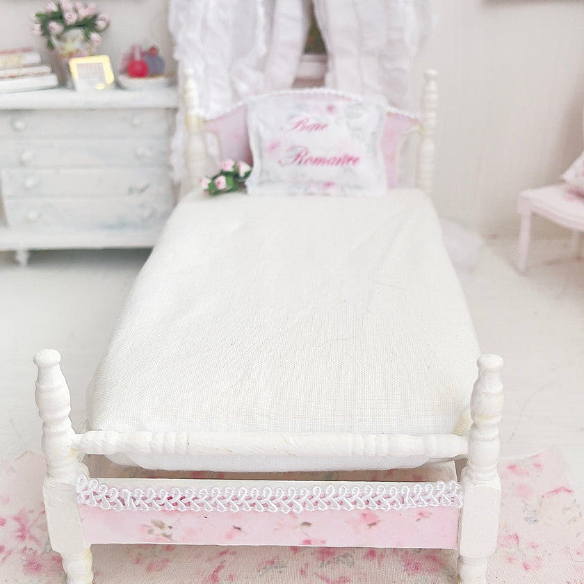 Chantallena Furniture 1:12 Scale Painted White with Pink Roses Decoupaged Single Dollhouse Bed | Unwritten Bare Romance |Chantallena