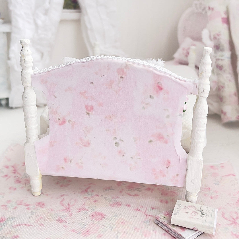 Chantallena Furniture 1:12 Scale Painted White with Pink Roses Decoupaged Single Dollhouse Bed | Unwritten Bare Romance |Chantallena