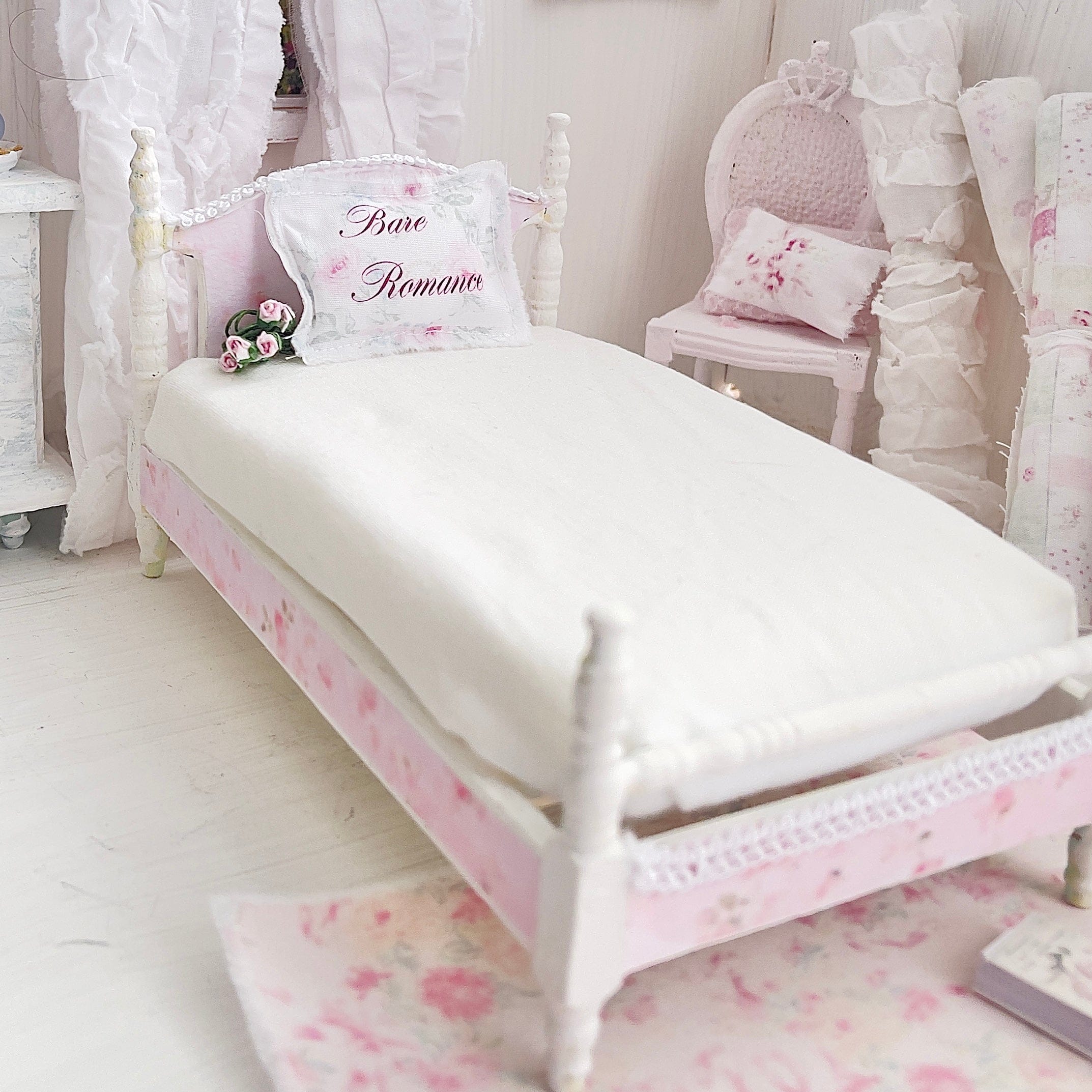 Chantallena Furniture 1:12 Scale Painted White with Pink Roses Decoupaged Single Dollhouse Bed | Unwritten Bare Romance |Chantallena