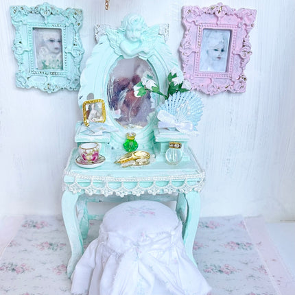Chantallena Furniture Aqua Whispers -Vanity Set with Stool| Wooden Aqua Distressed-1:12 Scale| Painted Petals Furniture |Chantallena