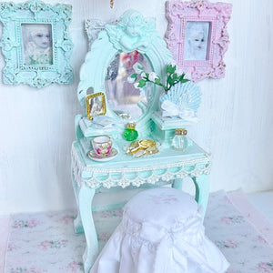 Chantallena Furniture Aqua Whispers -Vanity Set with Stool| Wooden Aqua Distressed-1:12 Scale| Painted Petals Furniture |Chantallena