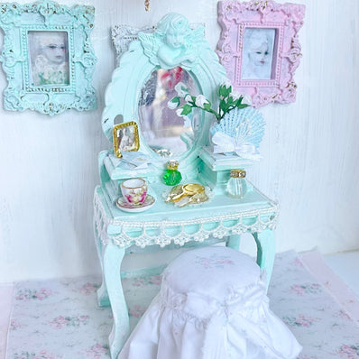 Chantallena Furniture Aqua Whispers -Vanity Set with Stool| Wooden Aqua Distressed-1:12 Scale| Painted Petals Furniture |Chantallena