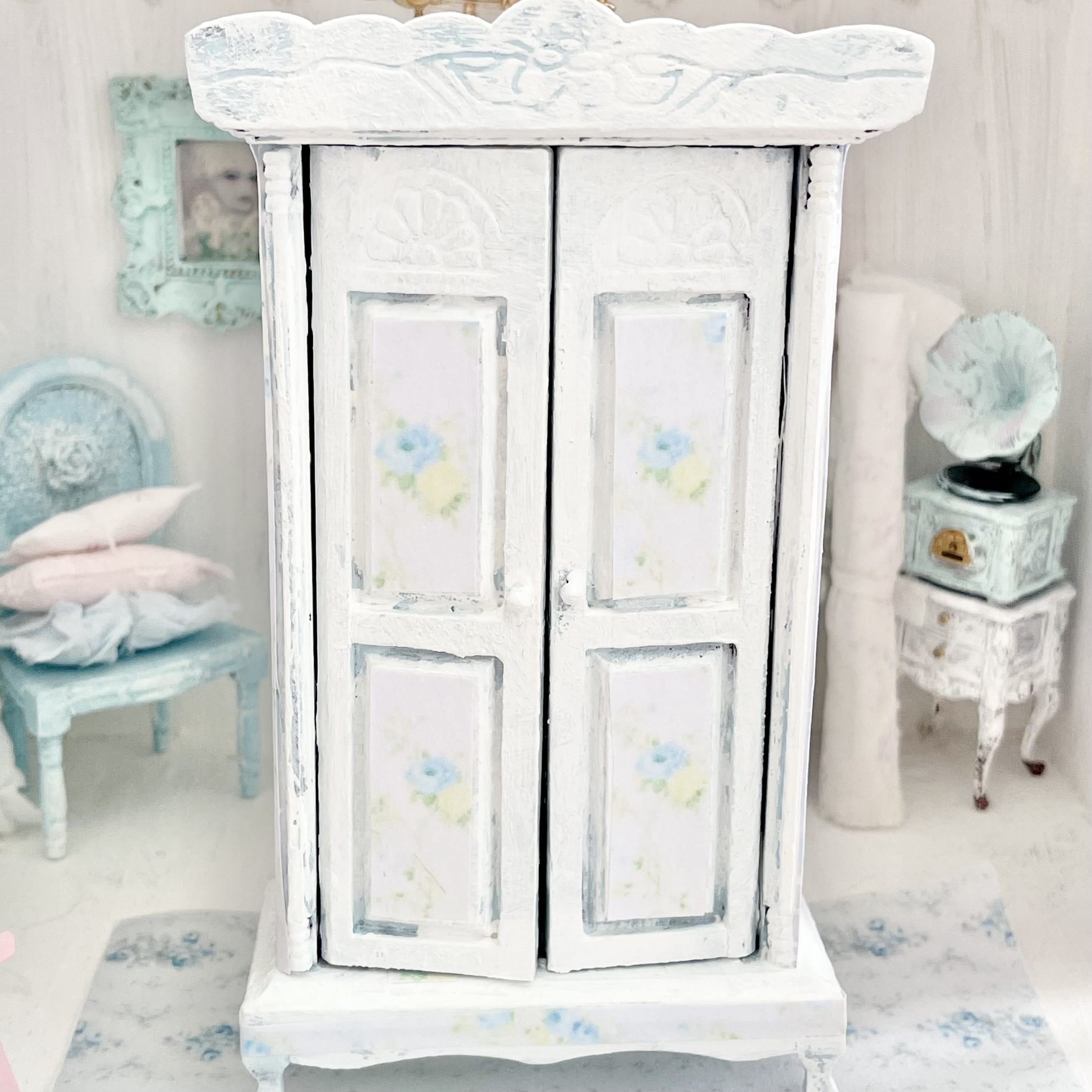 Chantallena Furniture Blue Floral Decoupaged Armoire with Romantic Shabby Display Dresses-1:12 Scale |Painted Petals Furniture |Chantallena