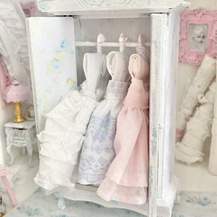 Chantallena Furniture Blue Floral Decoupaged Armoire with Romantic Shabby Display Dresses-1:12 Scale |Painted Petals Furniture |Chantallena