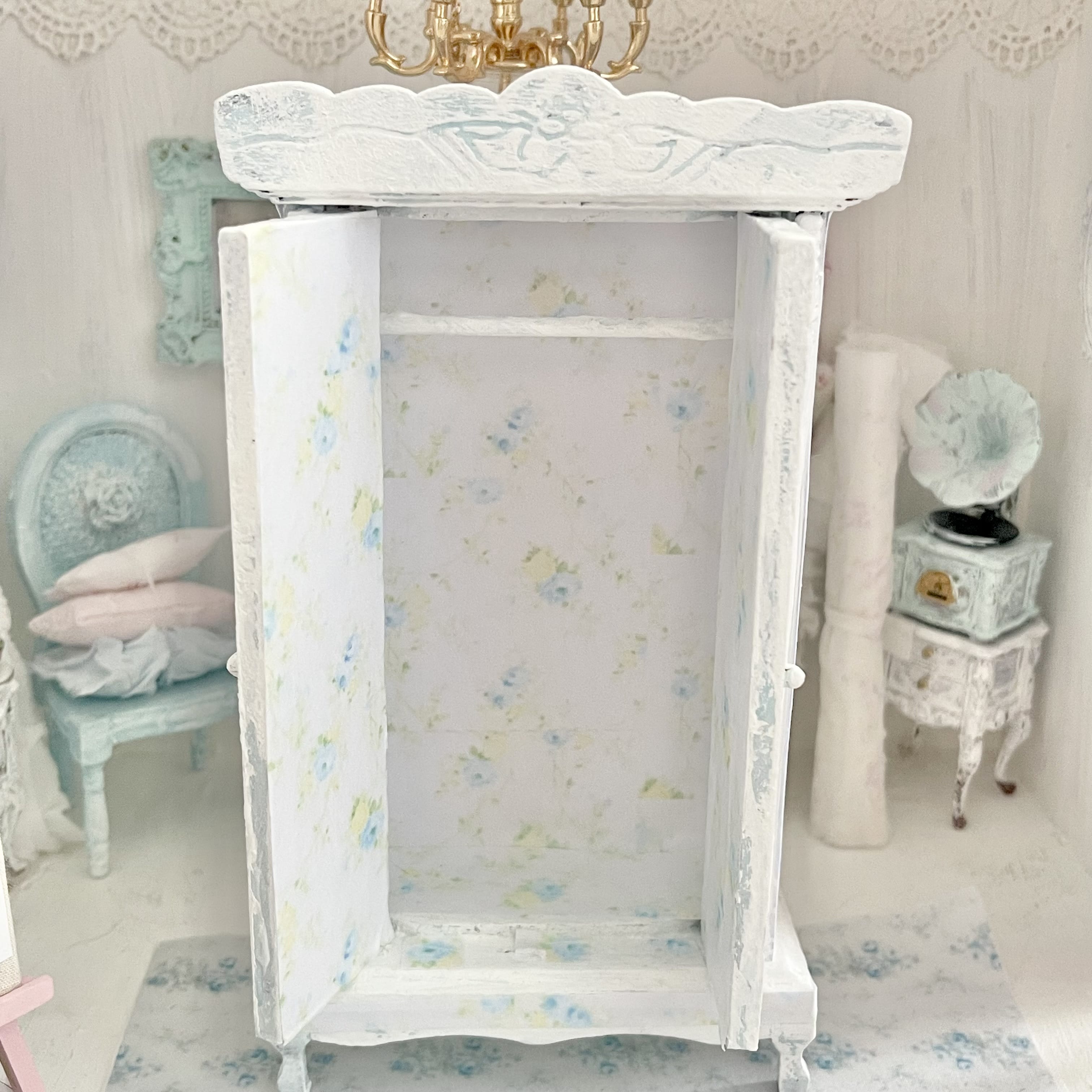 Chantallena Furniture Blue Floral Decoupaged Armoire with Romantic Shabby Display Dresses-1:12 Scale |Painted Petals Furniture |Chantallena