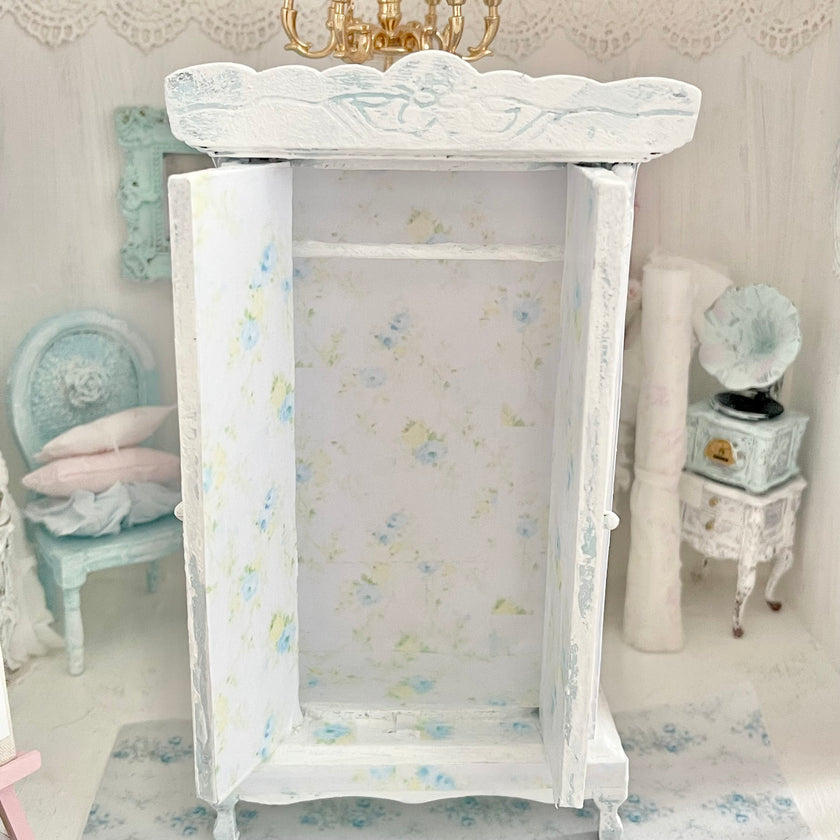 Chantallena Furniture Blue Floral Decoupaged Armoire with Romantic Shabby Display Dresses-1:12 Scale |Painted Petals Furniture |Chantallena