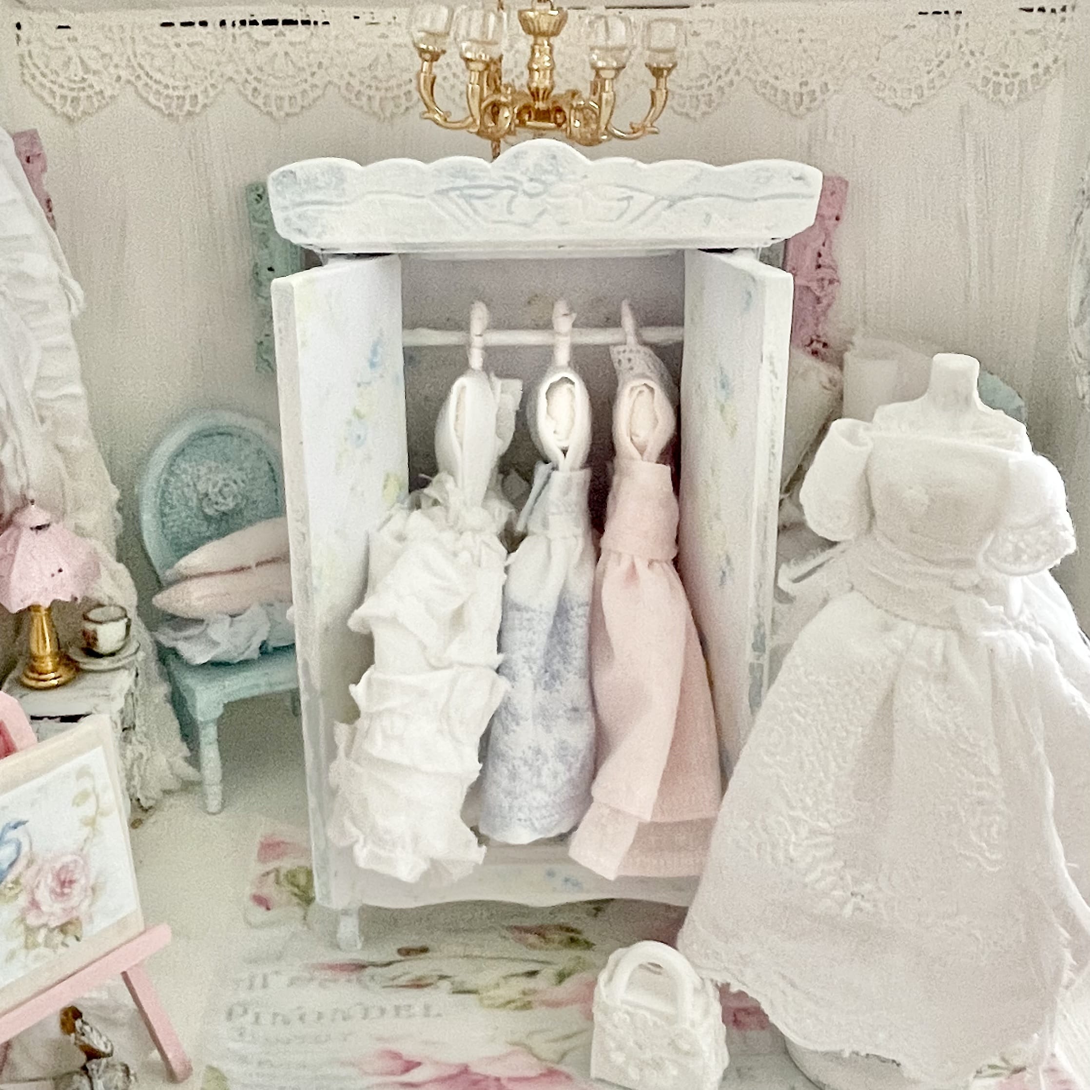 Chantallena Furniture Blue Floral Decoupaged Armoire with Romantic Shabby Display Dresses-1:12 Scale |Painted Petals Furniture |Chantallena