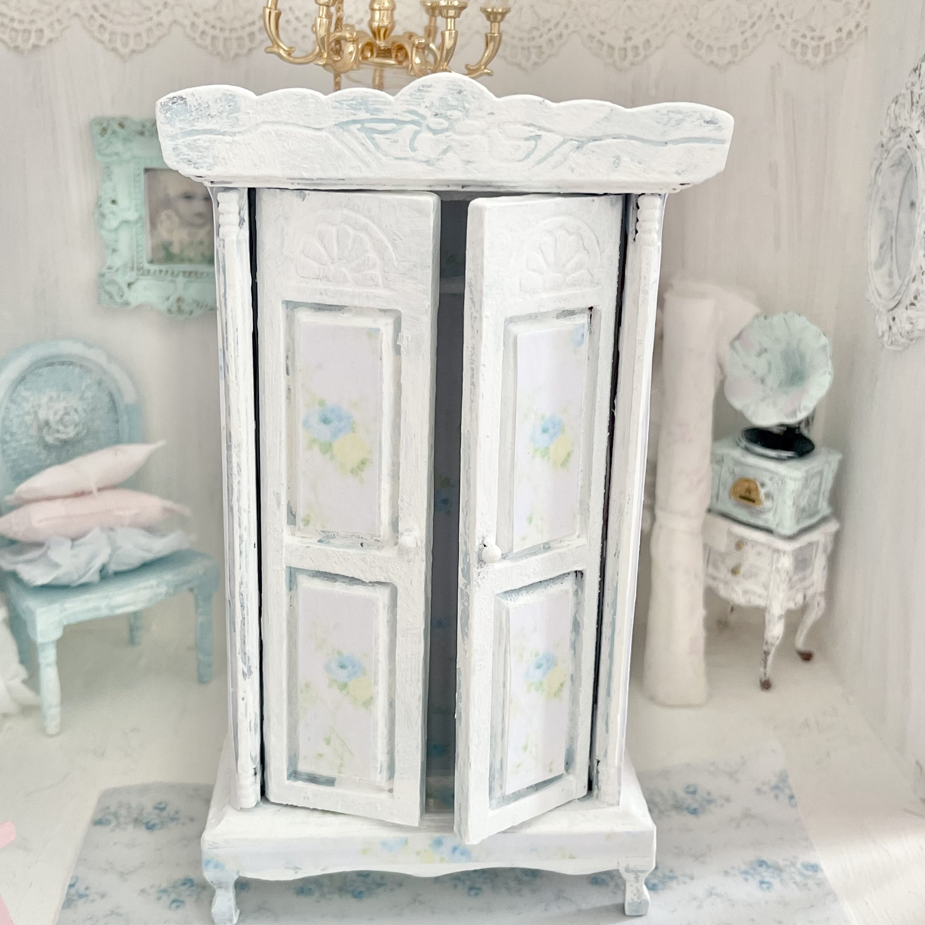 Chantallena Furniture Blue Floral Decoupaged Armoire with Romantic Shabby Display Dresses-1:12 Scale |Painted Petals Furniture |Chantallena
