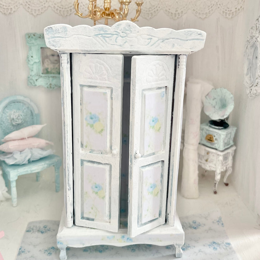 Chantallena Furniture Blue Floral Decoupaged Armoire with Romantic Shabby Display Dresses-1:12 Scale |Painted Petals Furniture |Chantallena