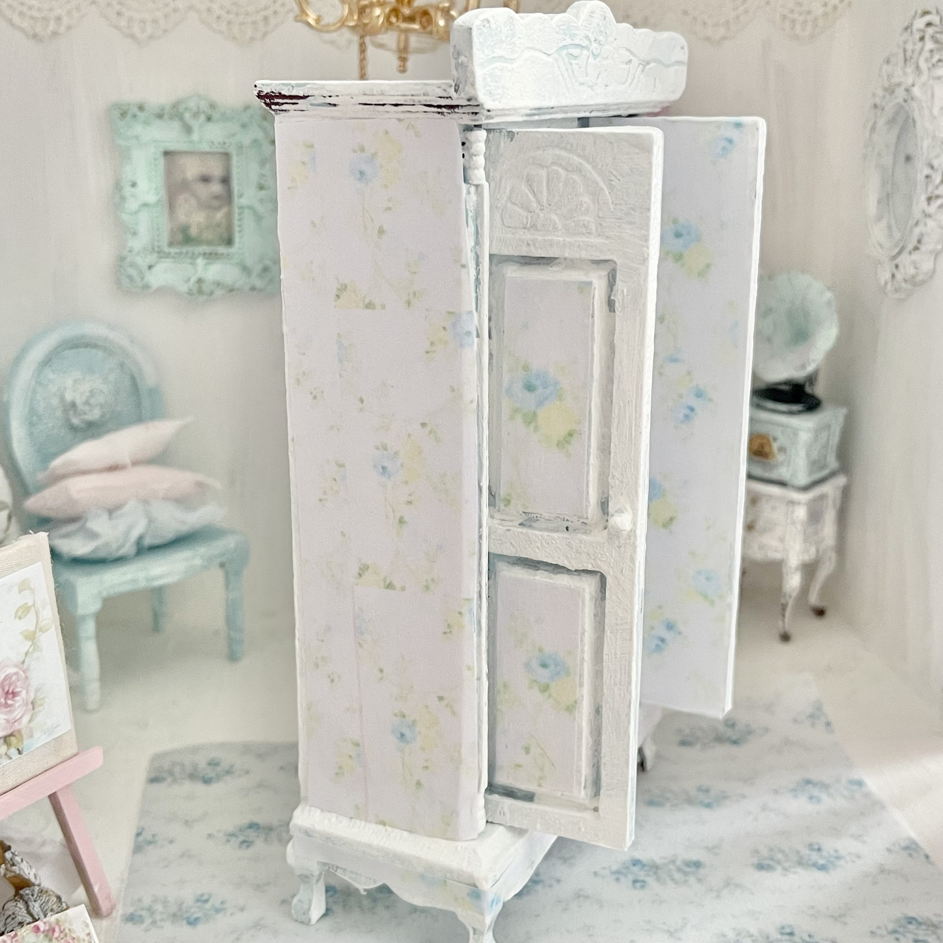 Chantallena Furniture Blue Floral Decoupaged Armoire with Romantic Shabby Display Dresses-1:12 Scale |Painted Petals Furniture |Chantallena