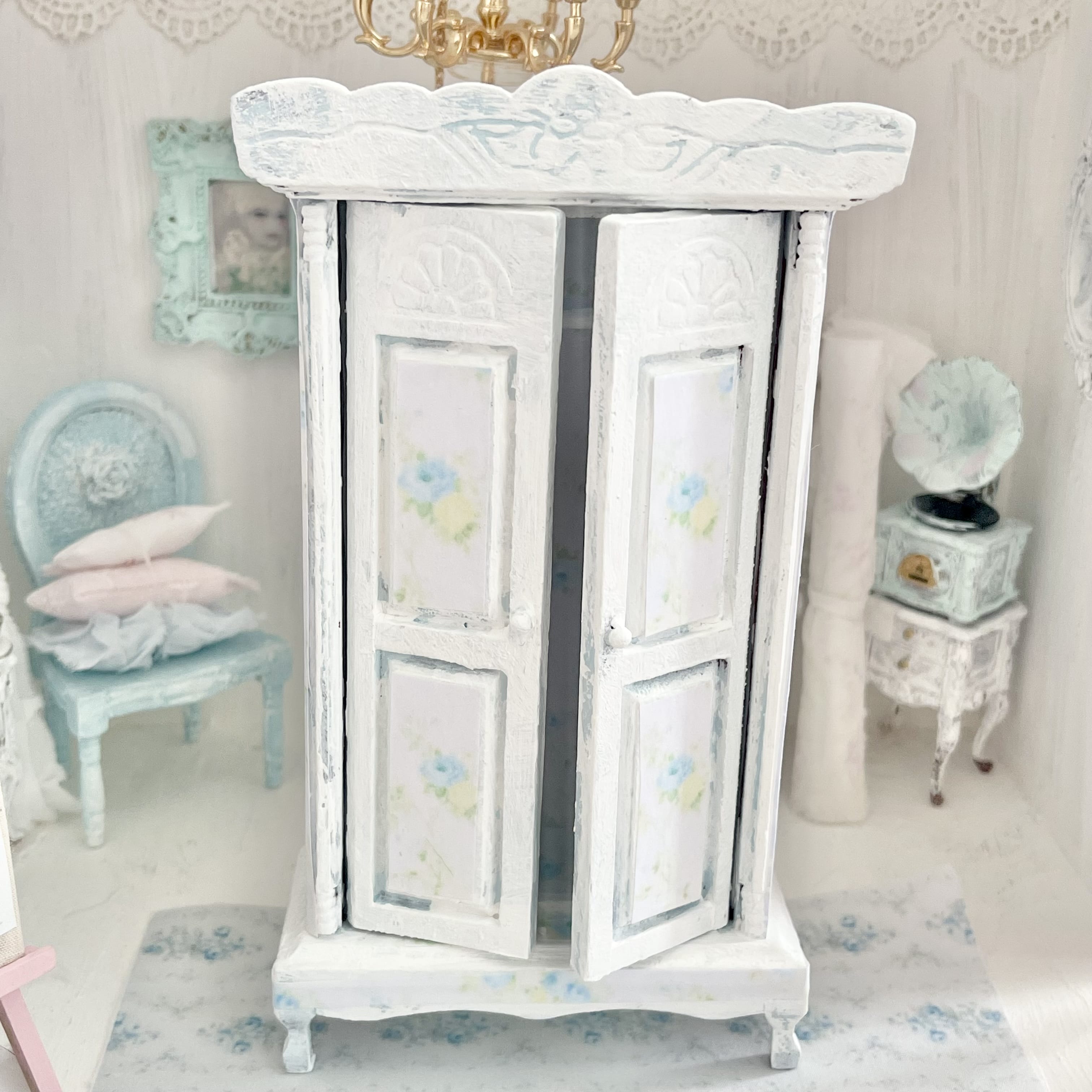 Chantallena Furniture Blue Floral Decoupaged Armoire with Romantic Shabby Display Dresses-1:12 Scale |Painted Petals Furniture |Chantallena