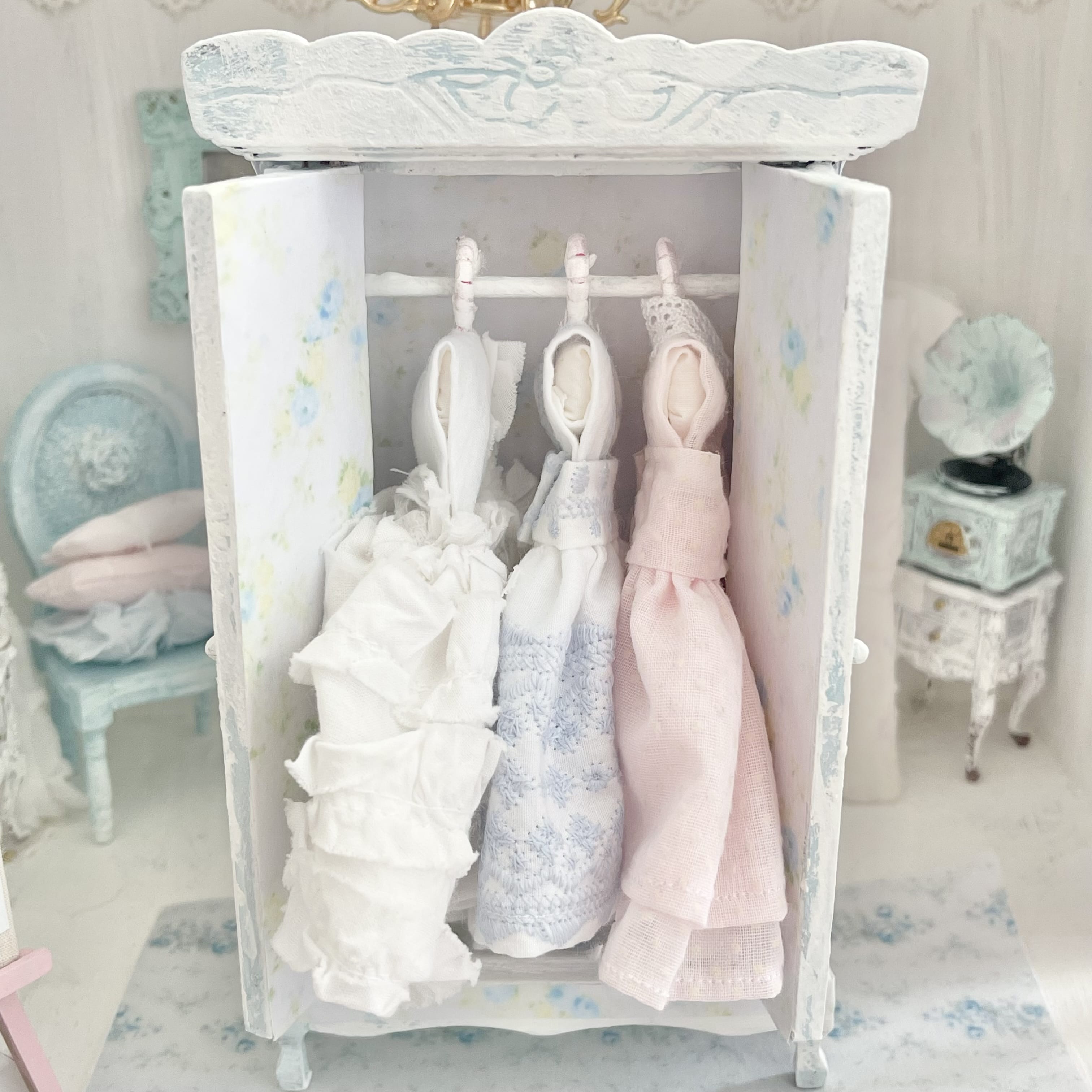 Chantallena Furniture Blue Floral Decoupaged Armoire with Romantic Shabby Display Dresses-1:12 Scale |Painted Petals Furniture |Chantallena