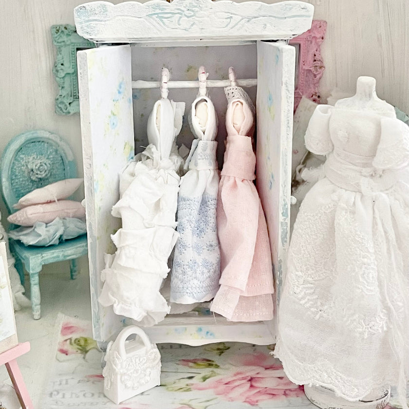 Chantallena Furniture Blue Floral Decoupaged Armoire with Romantic Shabby Display Dresses-1:12 Scale |Painted Petals Furniture |Chantallena