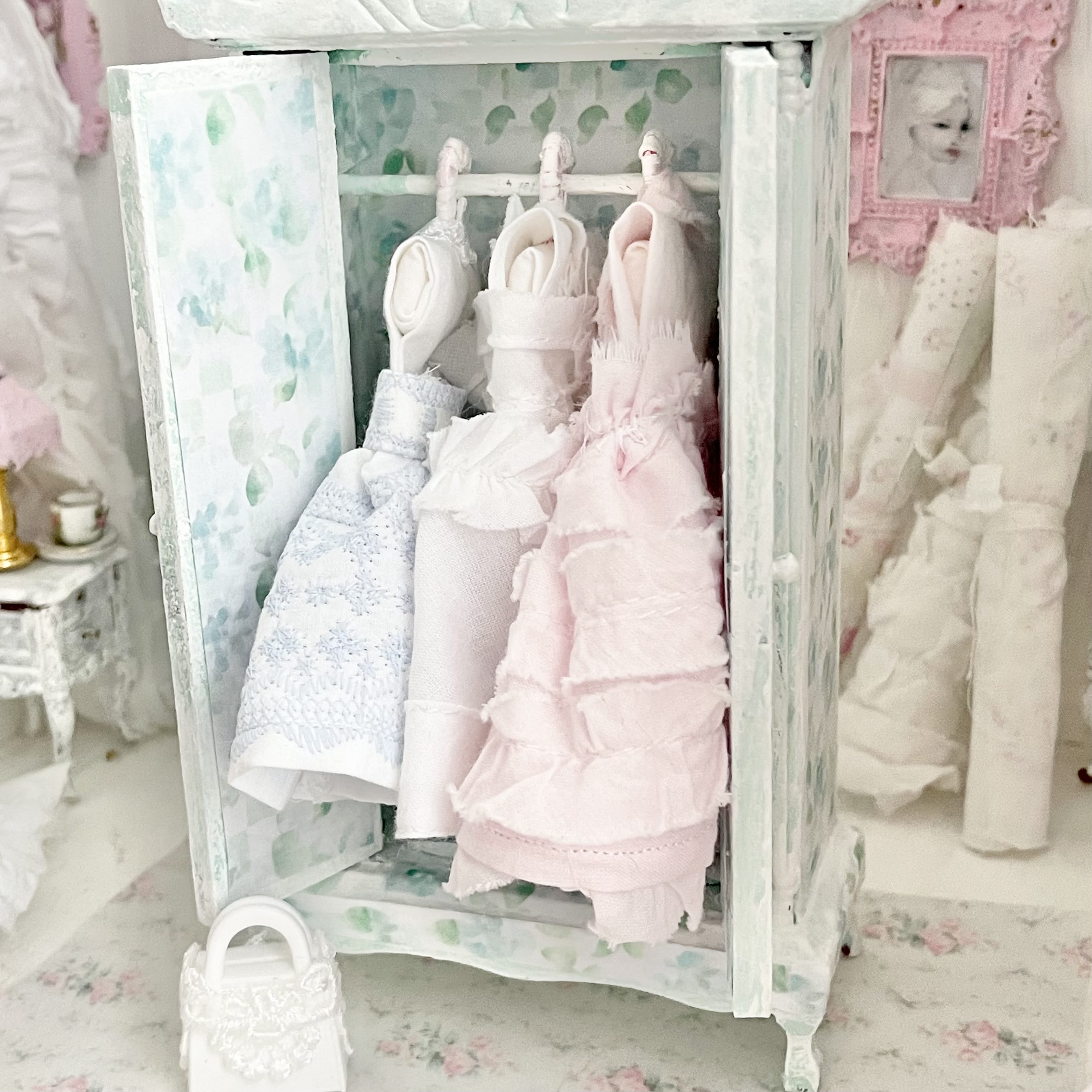 Chantallena Furniture Decoupaged Armoire with Trio of Romantic Shabby Display Dresses-1:12 Scale |Painted Petals Furniture |Chantallena
