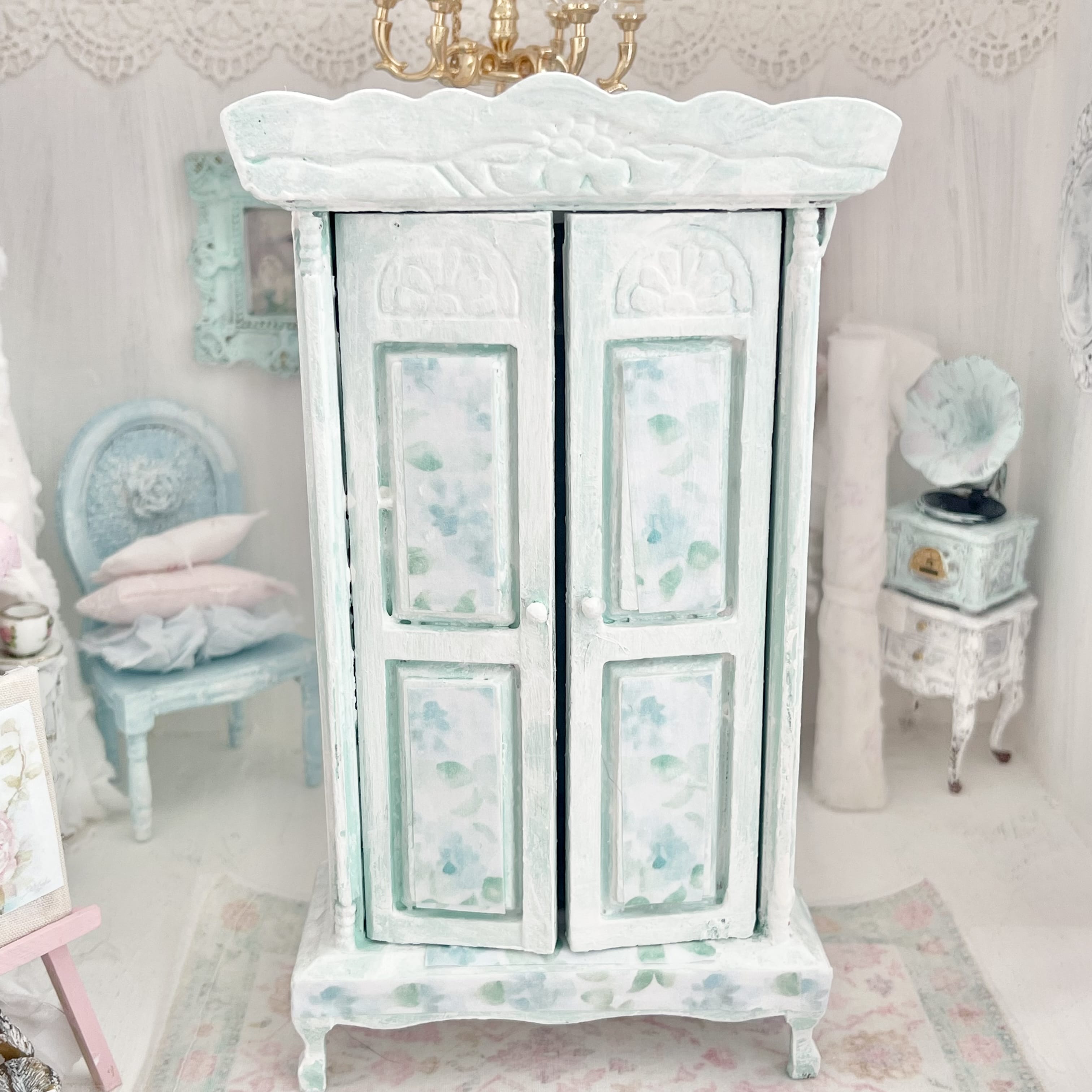 Chantallena Furniture Mint Green Floral Decoupaged Armoire with Romantic Shabby Display Dresses-1:12 Scale |Painted Petals Furniture |Chantallena