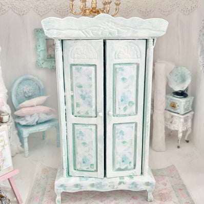 Chantallena Furniture Mint Green Floral Decoupaged Armoire with Romantic Shabby Display Dresses-1:12 Scale |Painted Petals Furniture |Chantallena