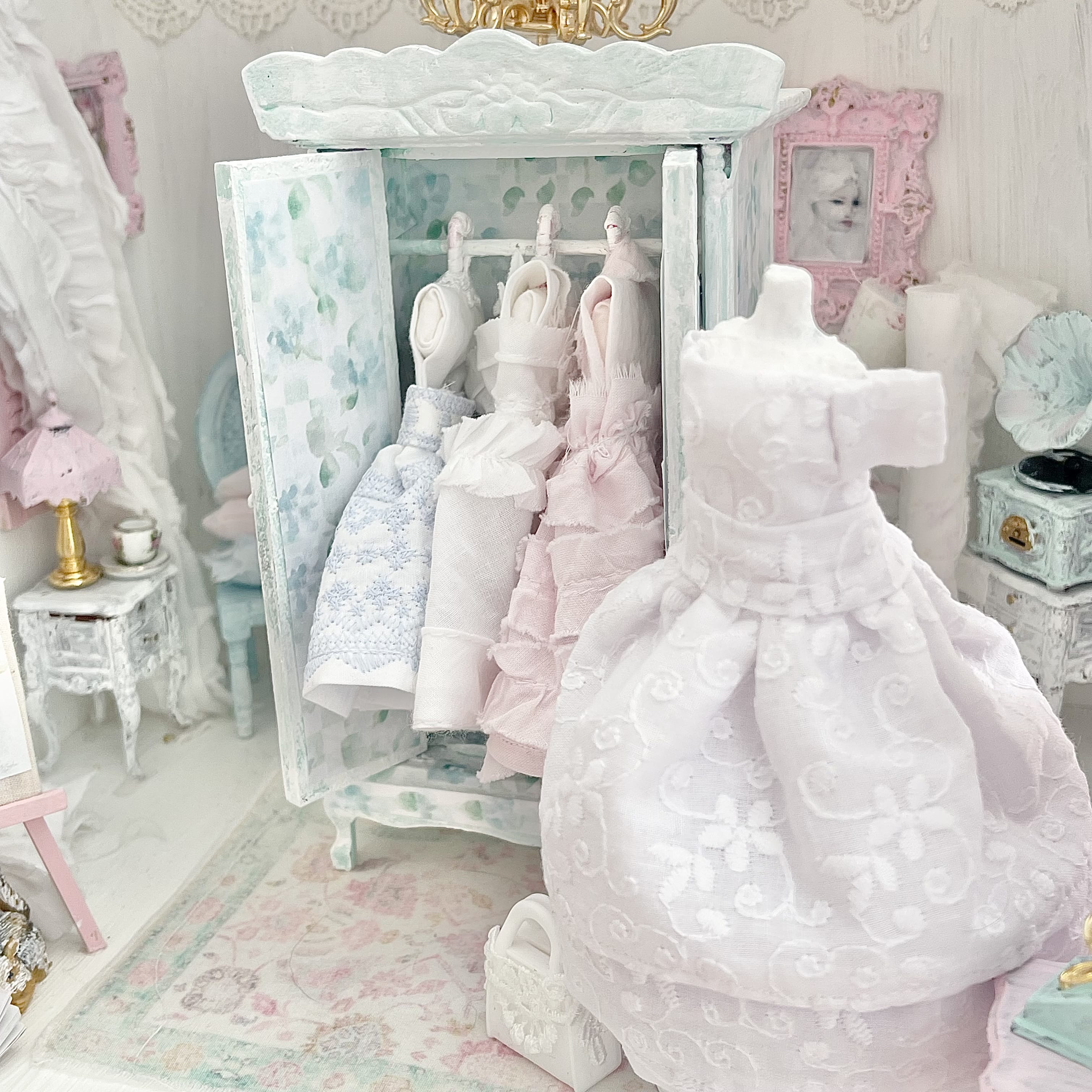 Chantallena Furniture Mint Green Floral Decoupaged Armoire with Romantic Shabby Display Dresses-1:12 Scale |Painted Petals Furniture |Chantallena