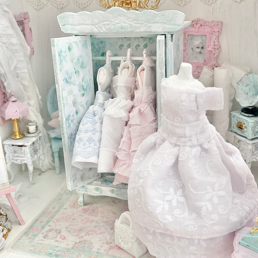 Chantallena Furniture Mint Green Floral Decoupaged Armoire with Romantic Shabby Display Dresses-1:12 Scale |Painted Petals Furniture |Chantallena
