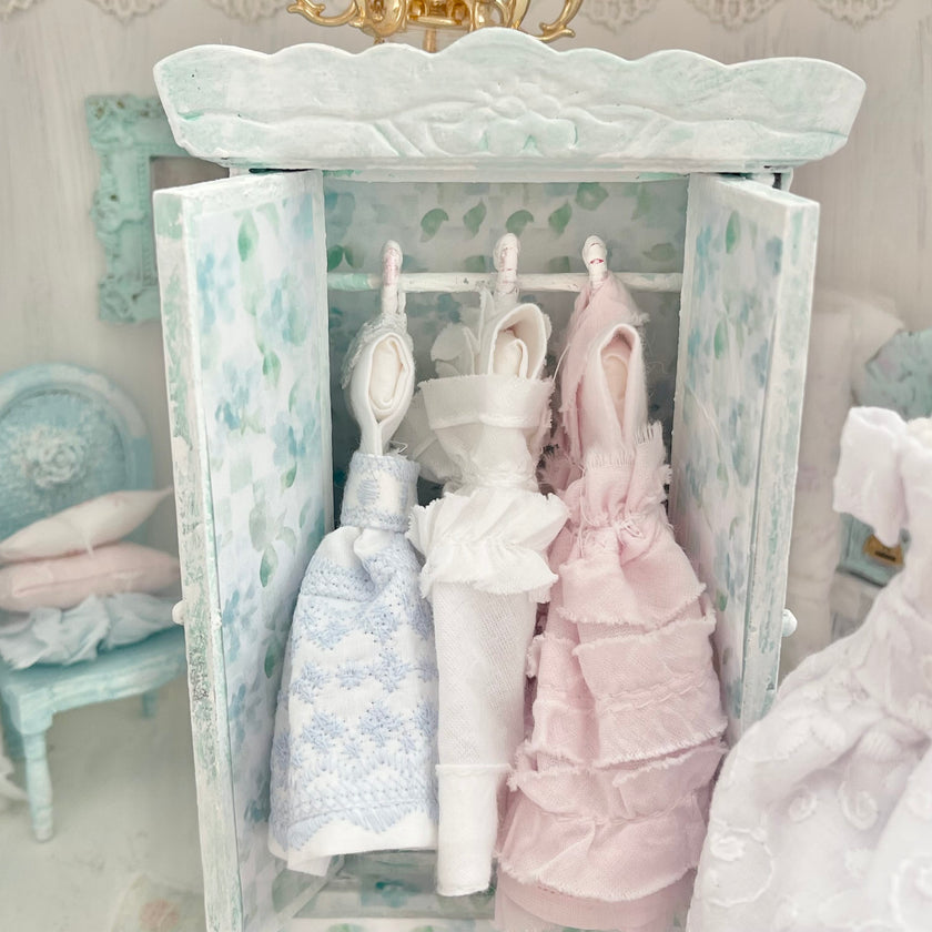Chantallena Furniture Mint Green Floral Decoupaged Armoire with Romantic Shabby Display Dresses-1:12 Scale |Painted Petals Furniture |Chantallena