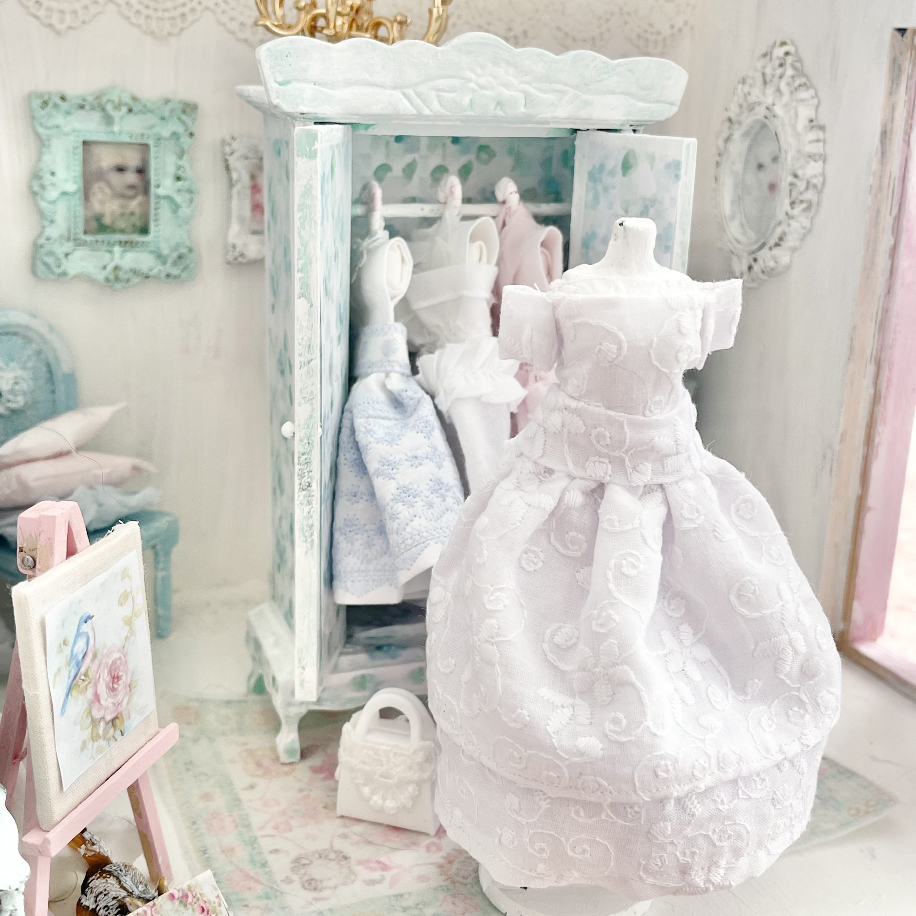 Chantallena Furniture Mint Green Floral Decoupaged Armoire with Romantic Shabby Display Dresses-1:12 Scale |Painted Petals Furniture |Chantallena