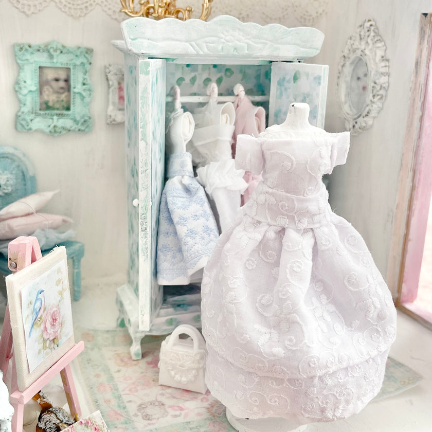 Chantallena Furniture Mint Green Floral Decoupaged Armoire with Romantic Shabby Display Dresses-1:12 Scale |Painted Petals Furniture |Chantallena