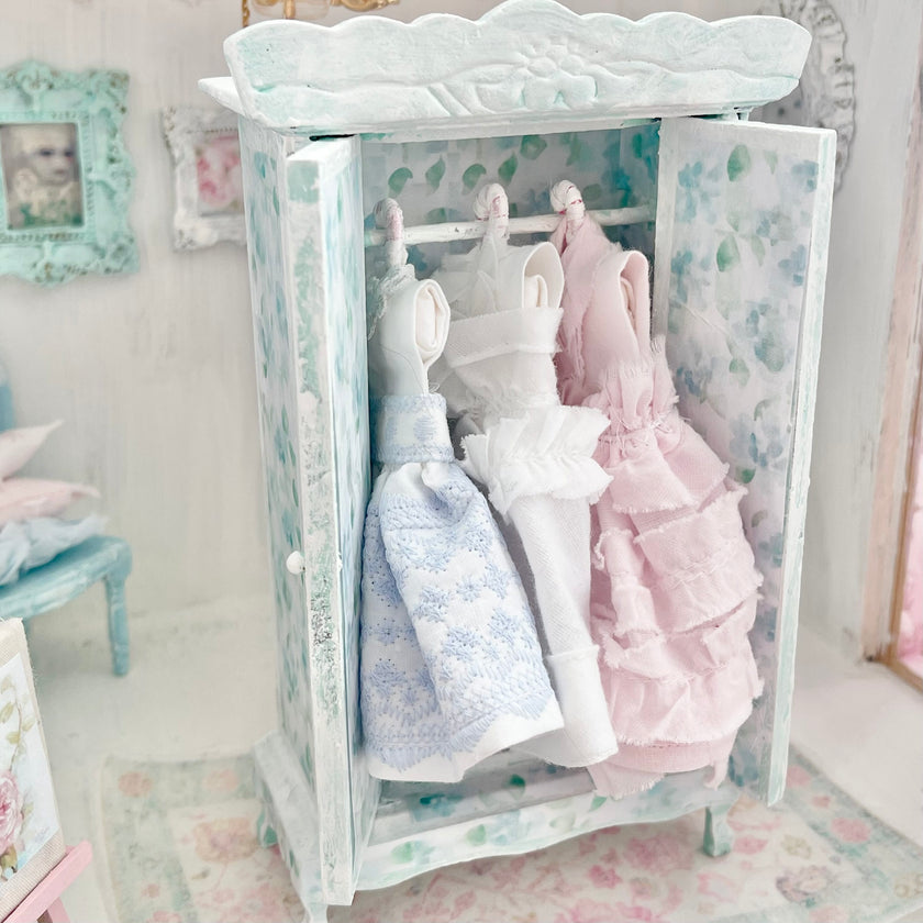 Chantallena Furniture Mint Green Floral Decoupaged Armoire with Romantic Shabby Display Dresses-1:12 Scale |Painted Petals Furniture |Chantallena