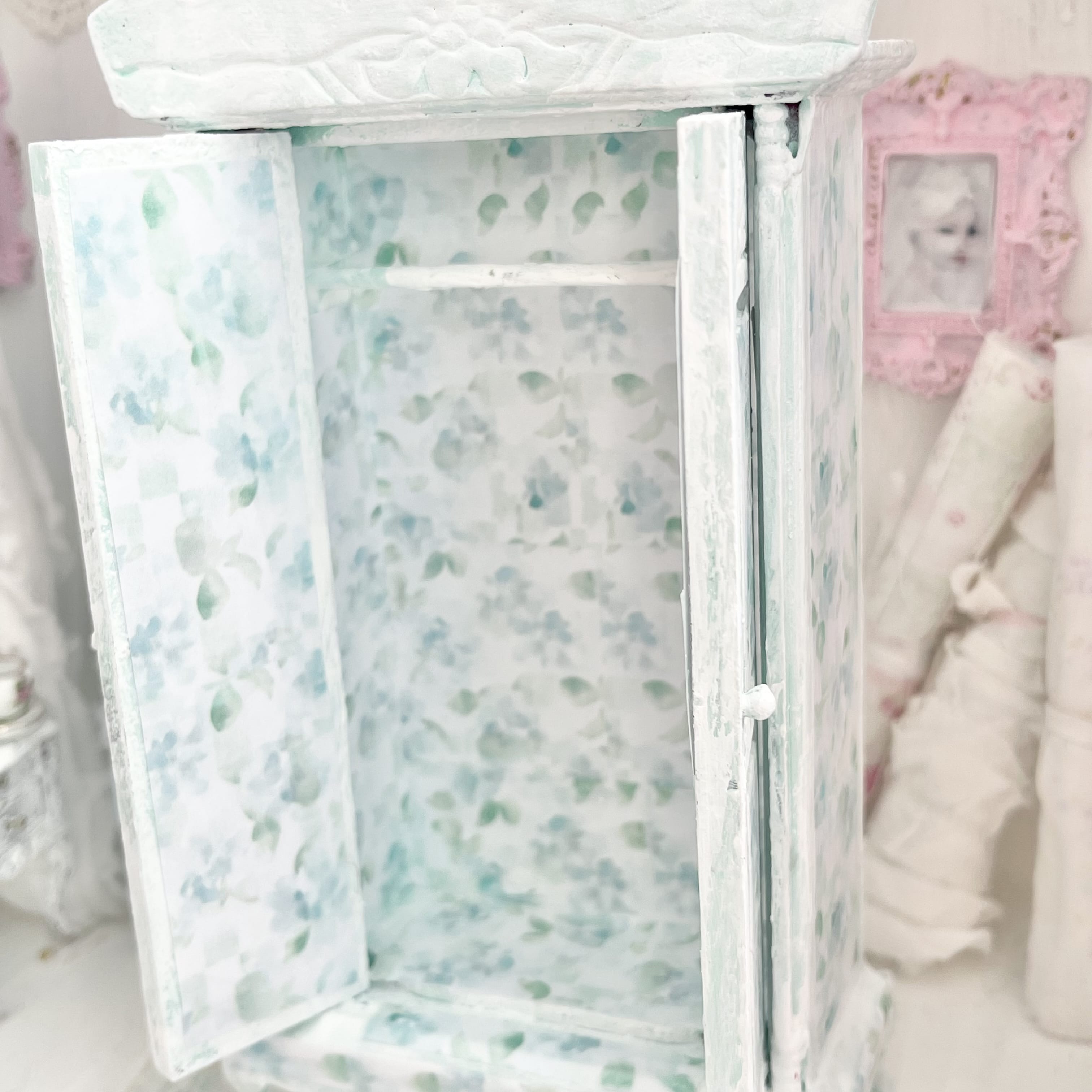 Chantallena Furniture Mint Green Floral Decoupaged Armoire with Romantic Shabby Display Dresses-1:12 Scale |Painted Petals Furniture |Chantallena