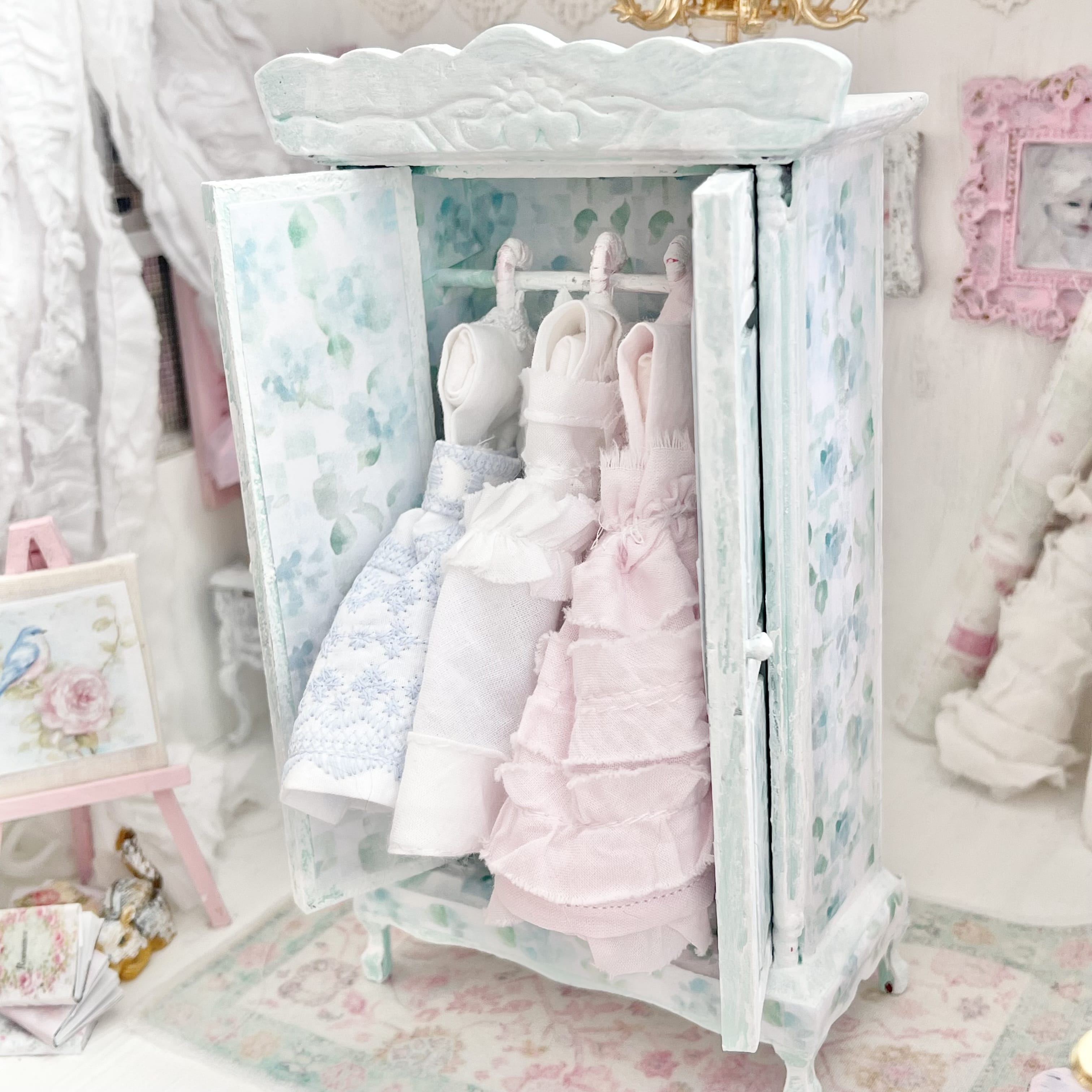 Chantallena Furniture Mint Green Floral Decoupaged Armoire with Romantic Shabby Display Dresses-1:12 Scale |Painted Petals Furniture |Chantallena