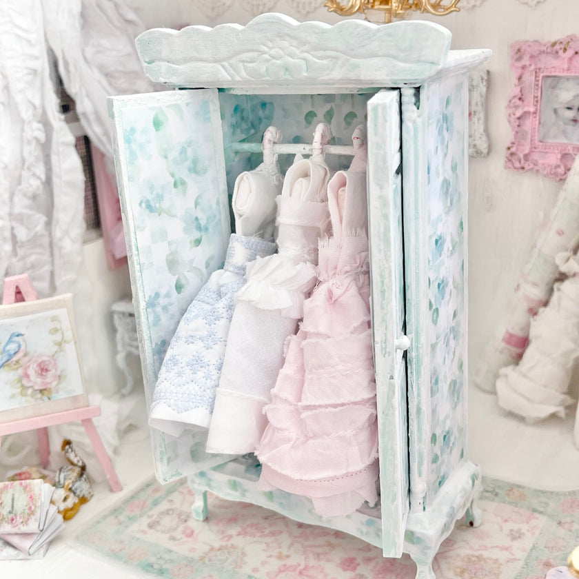Chantallena Furniture Mint Green Floral Decoupaged Armoire with Romantic Shabby Display Dresses-1:12 Scale |Painted Petals Furniture |Chantallena