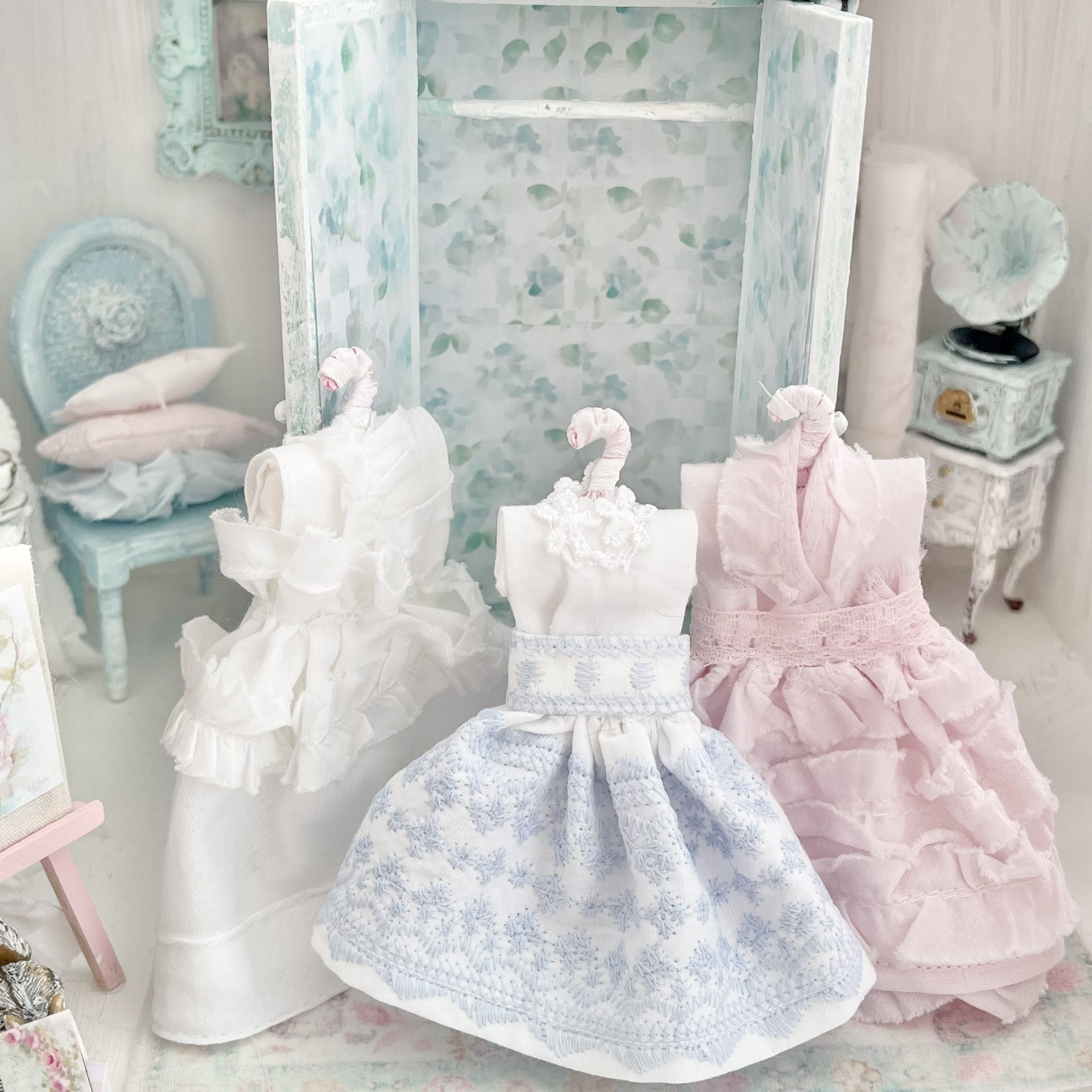 Chantallena Furniture Mint Green Floral Decoupaged Armoire with Romantic Shabby Display Dresses-1:12 Scale |Painted Petals Furniture |Chantallena